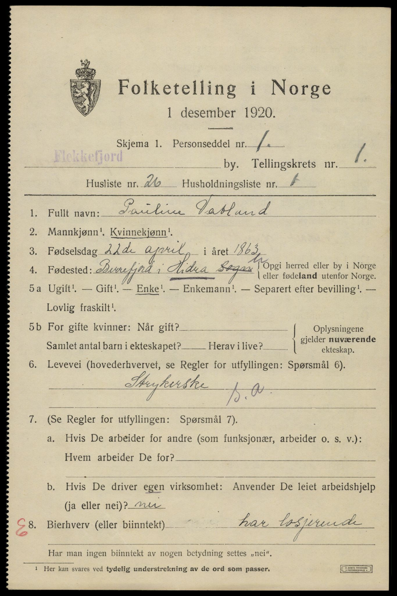 SAK, 1920 census for Flekkefjord, 1920, p. 2096