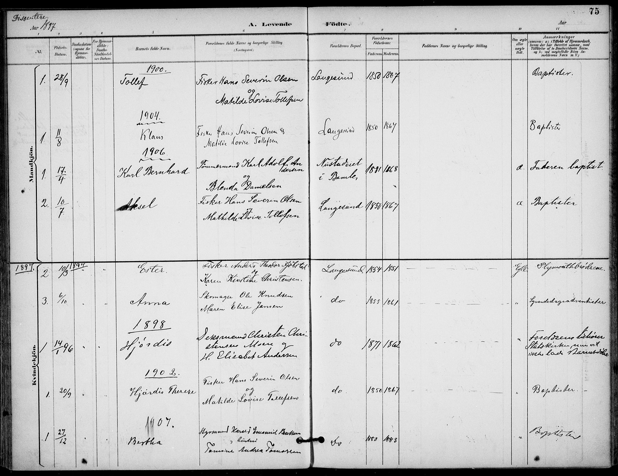 Langesund kirkebøker, AV/SAKO-A-280/F/Fa/L0003: Parish register (official) no. 3, 1893-1907, p. 75