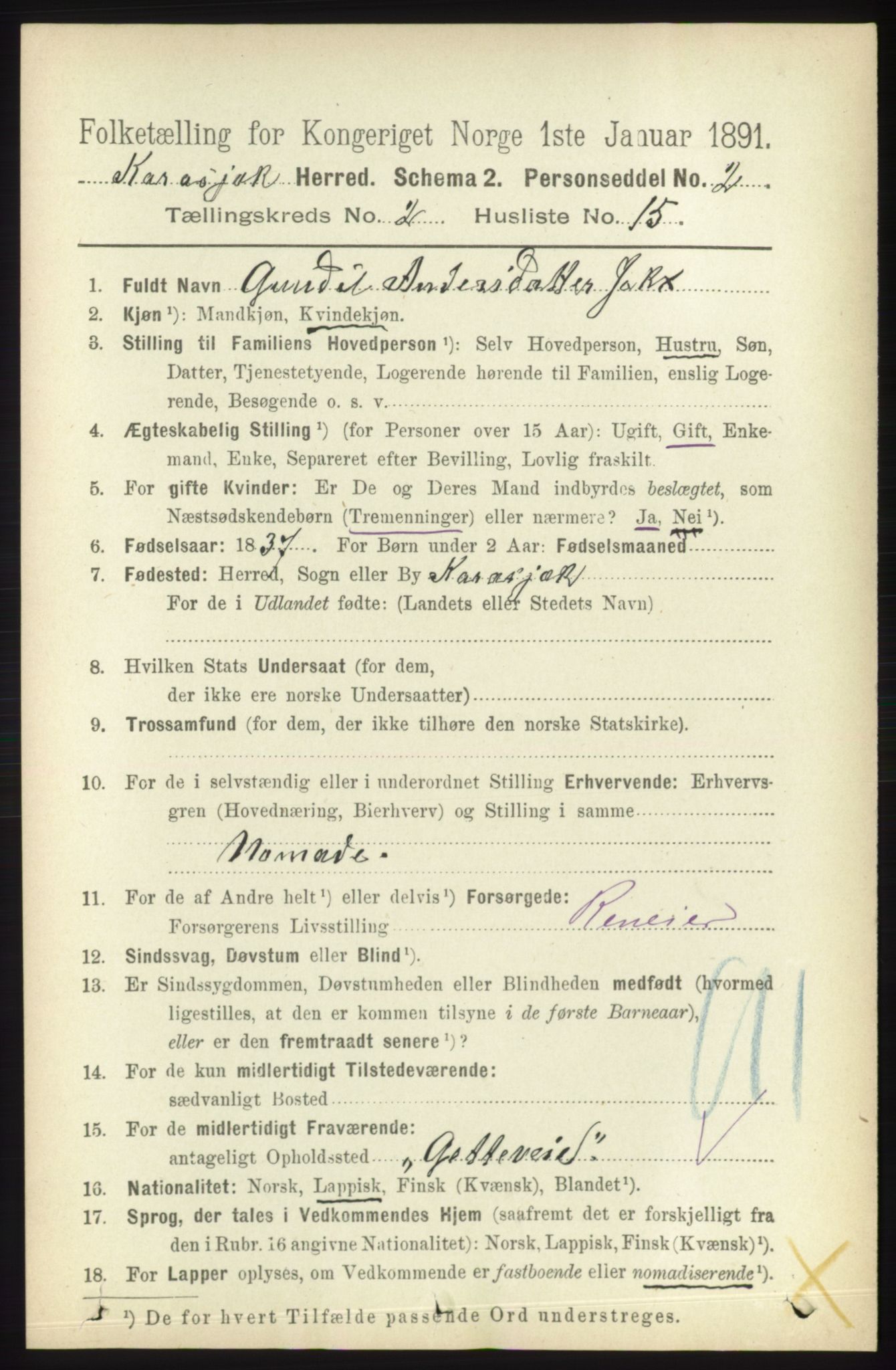 RA, 1891 census for 2021 Karasjok, 1891, p. 522