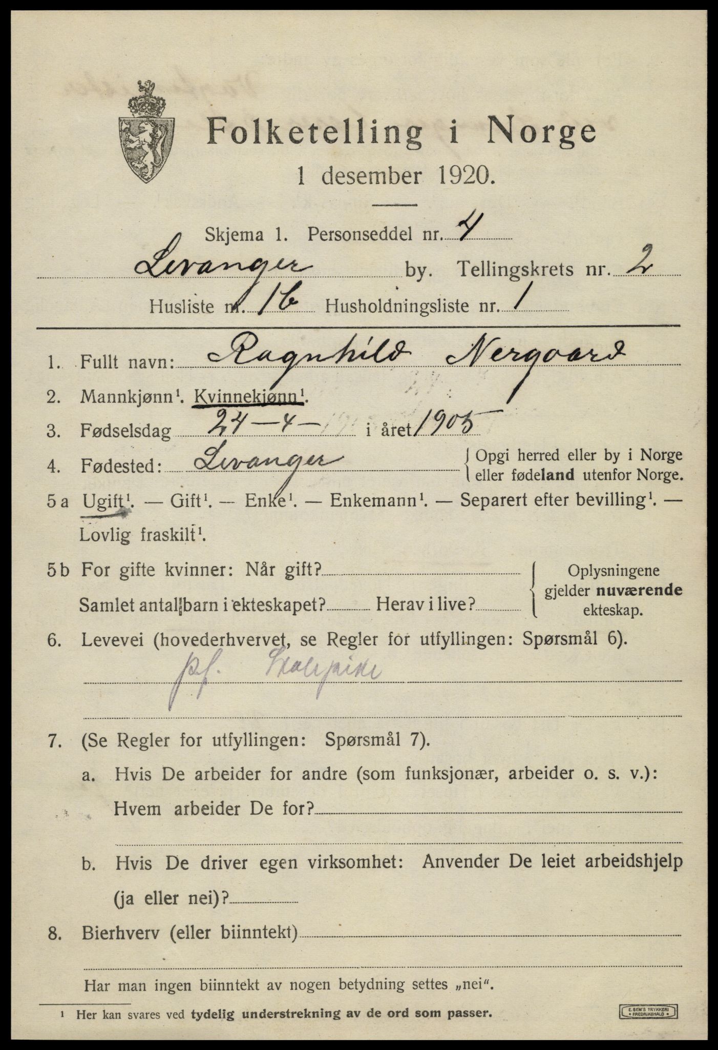 SAT, 1920 census for Levanger town, 1920, p. 2794