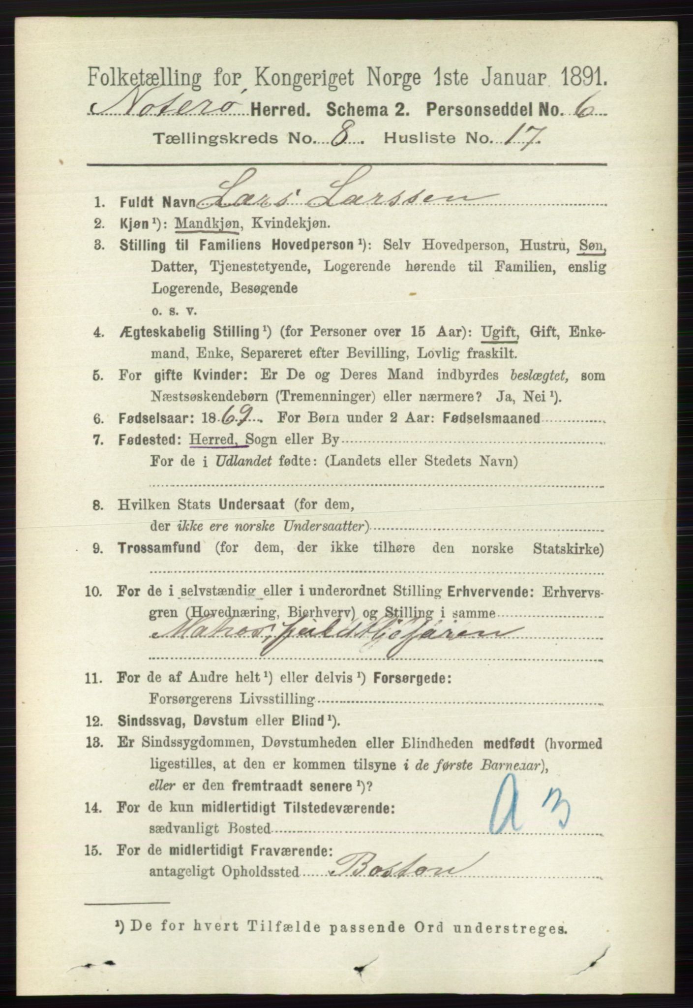 RA, 1891 census for 0722 Nøtterøy, 1891, p. 3954