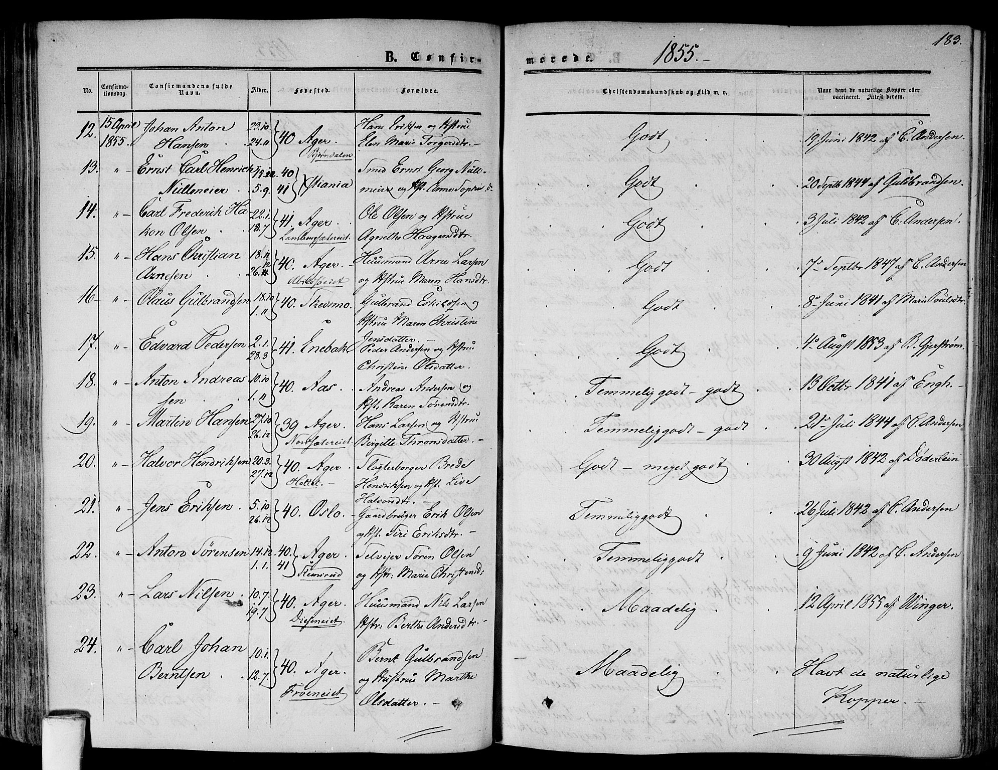 Gamlebyen prestekontor Kirkebøker, AV/SAO-A-10884/F/Fa/L0004: Parish register (official) no. 4, 1850-1857, p. 183