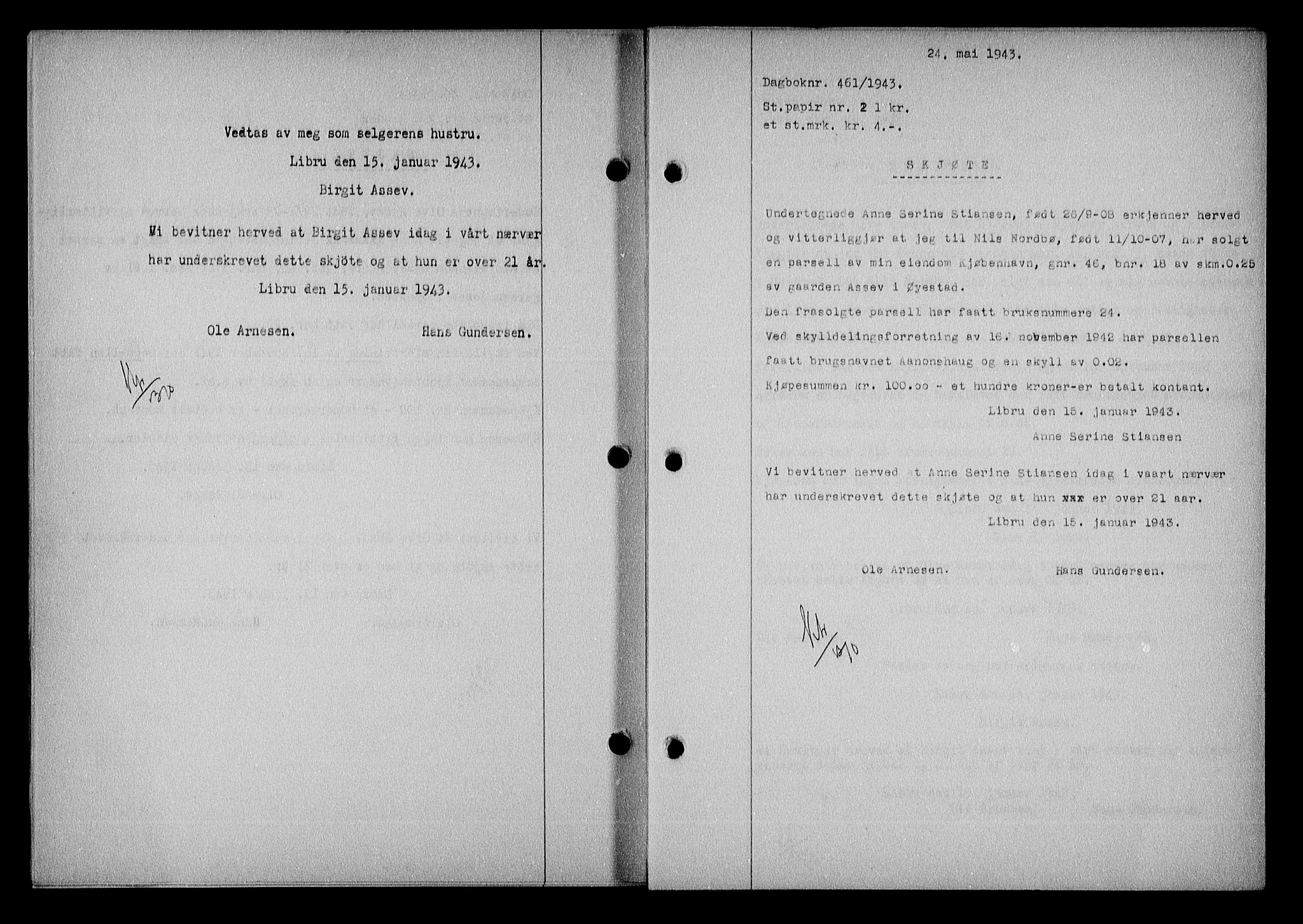 Nedenes sorenskriveri, SAK/1221-0006/G/Gb/Gba/L0050: Mortgage book no. A-IV, 1942-1943, Diary no: : 461/1943