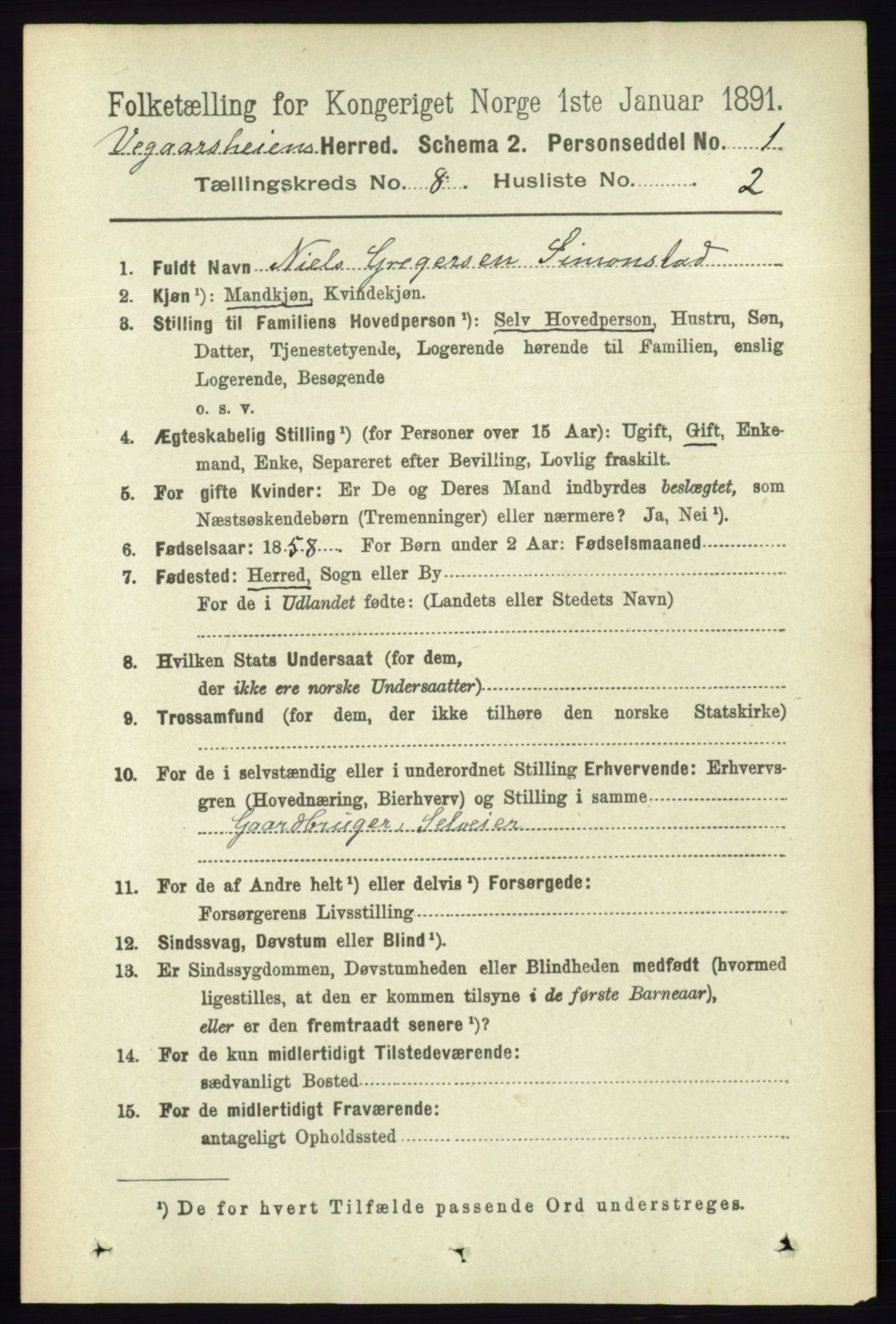 RA, 1891 census for 0912 Vegårshei, 1891, p. 1492