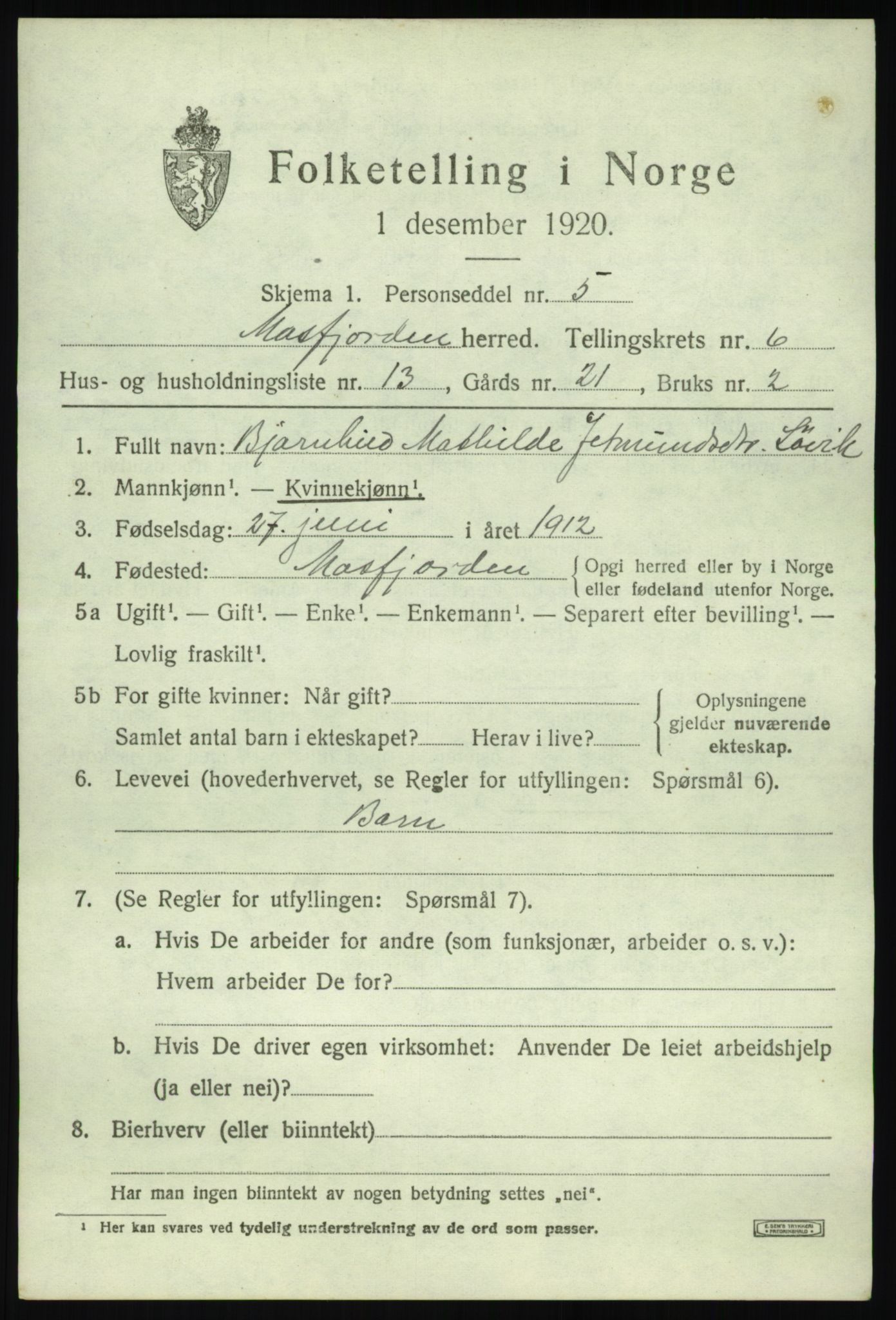 SAB, 1920 census for Masfjorden, 1920, p. 2567