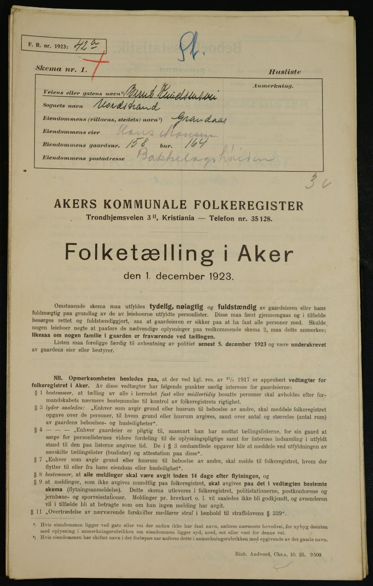 , Municipal Census 1923 for Aker, 1923, p. 36853