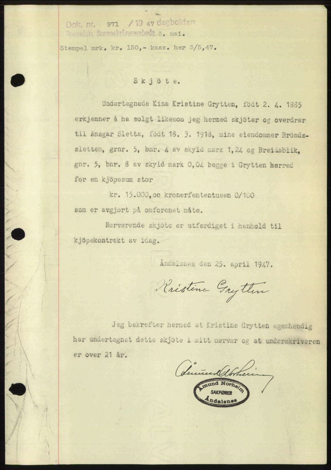 Romsdal sorenskriveri, SAT/A-4149/1/2/2C: Mortgage book no. A22, 1947-1947, Diary no: : 971/1947