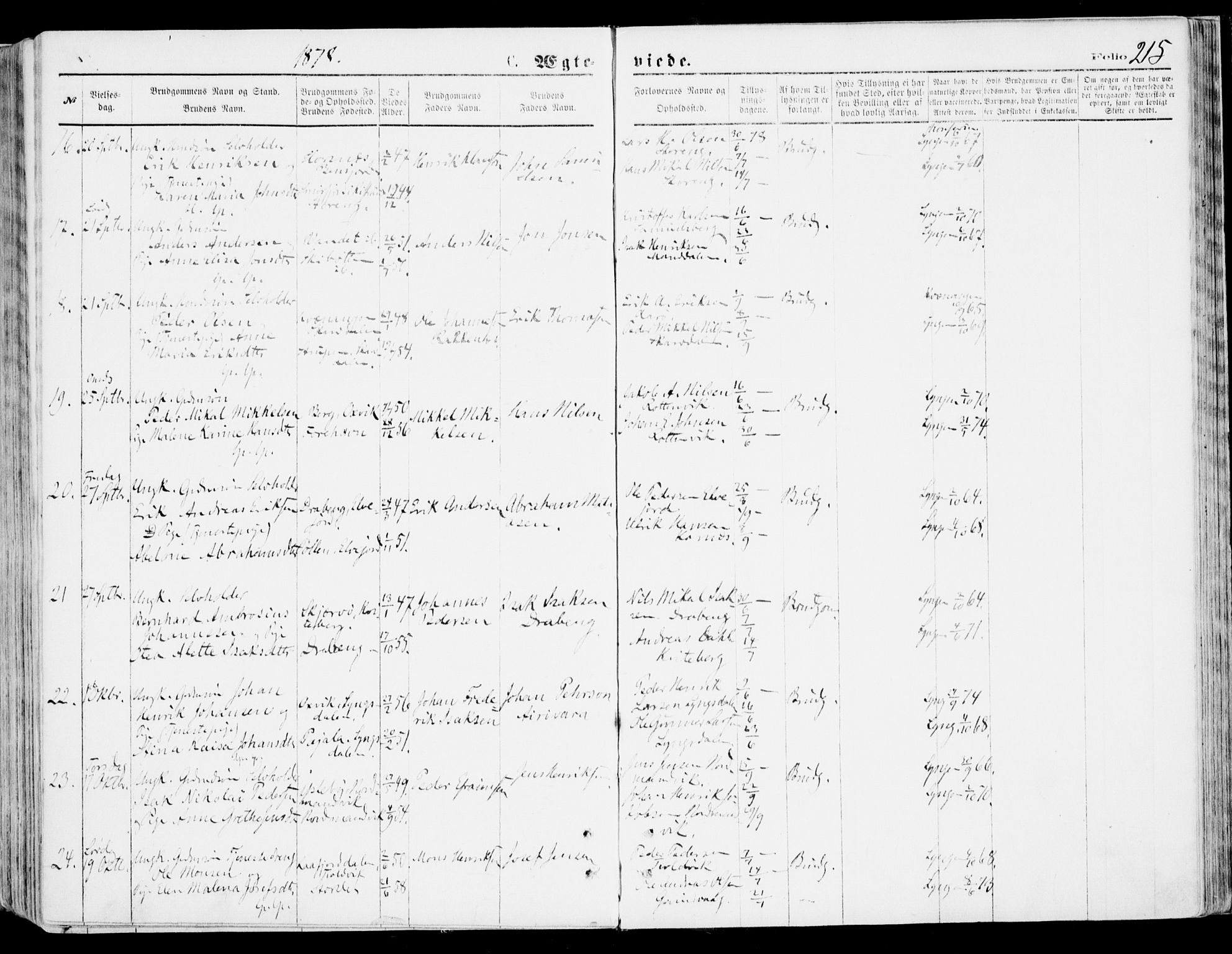 Lyngen sokneprestembete, AV/SATØ-S-1289/H/He/Hea/L0006kirke: Parish register (official) no. 6, 1870-1878, p. 215