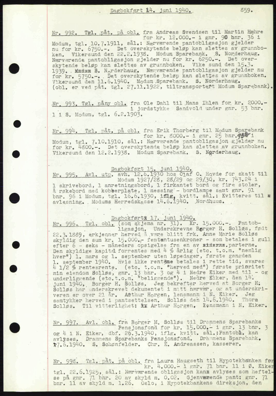 Eiker, Modum og Sigdal sorenskriveri, SAKO/A-123/G/Ga/Gab/L0041: Mortgage book no. A11, 1939-1940, Diary no: : 992/1940