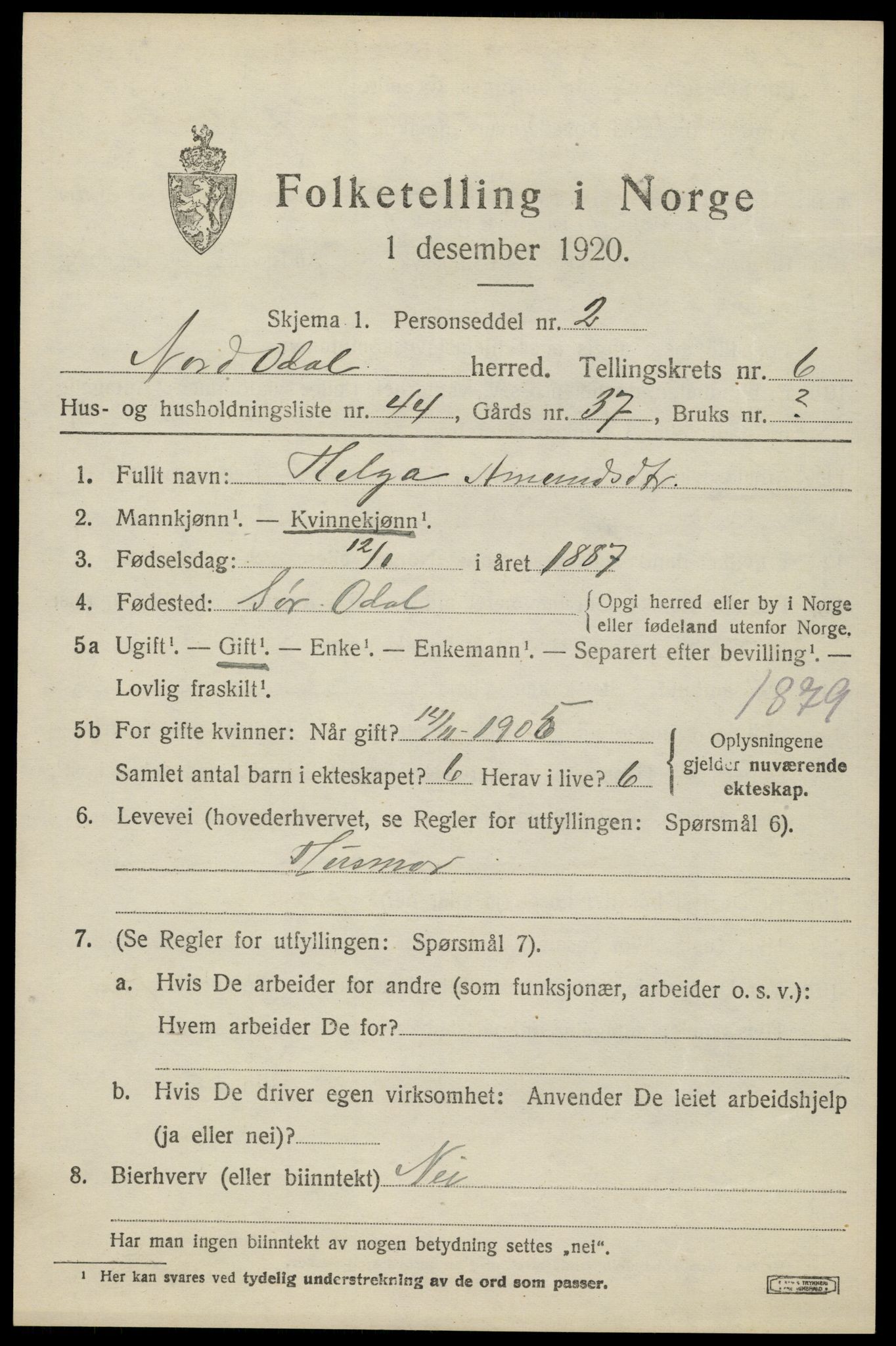 SAH, 1920 census for Nord-Odal, 1920, p. 7083