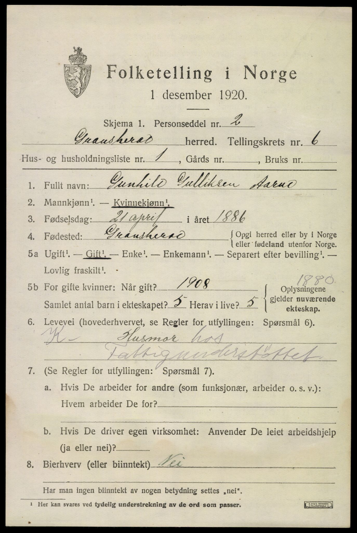 SAKO, 1920 census for Gransherad, 1920, p. 2312