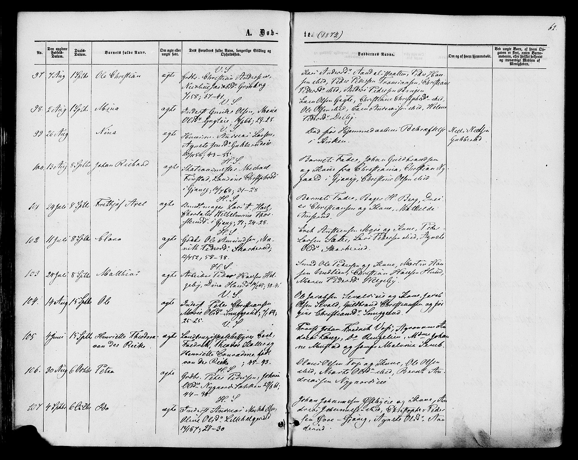 Vardal prestekontor, AV/SAH-PREST-100/H/Ha/Haa/L0007: Parish register (official) no. 7, 1867-1878, p. 62