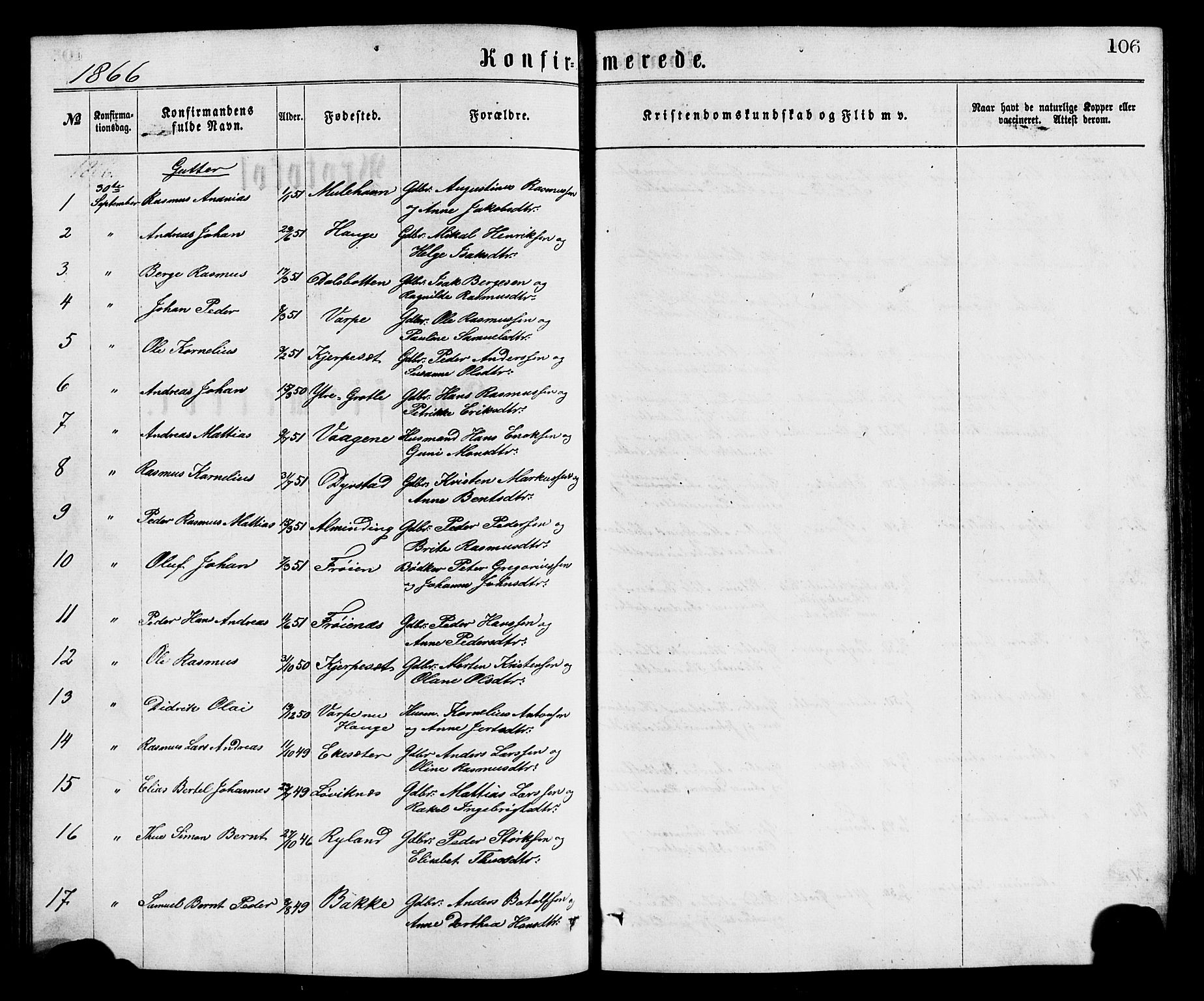 Bremanger sokneprestembete, SAB/A-82201/H/Hab/Haba/L0002: Parish register (copy) no. A 2, 1866-1889, p. 106