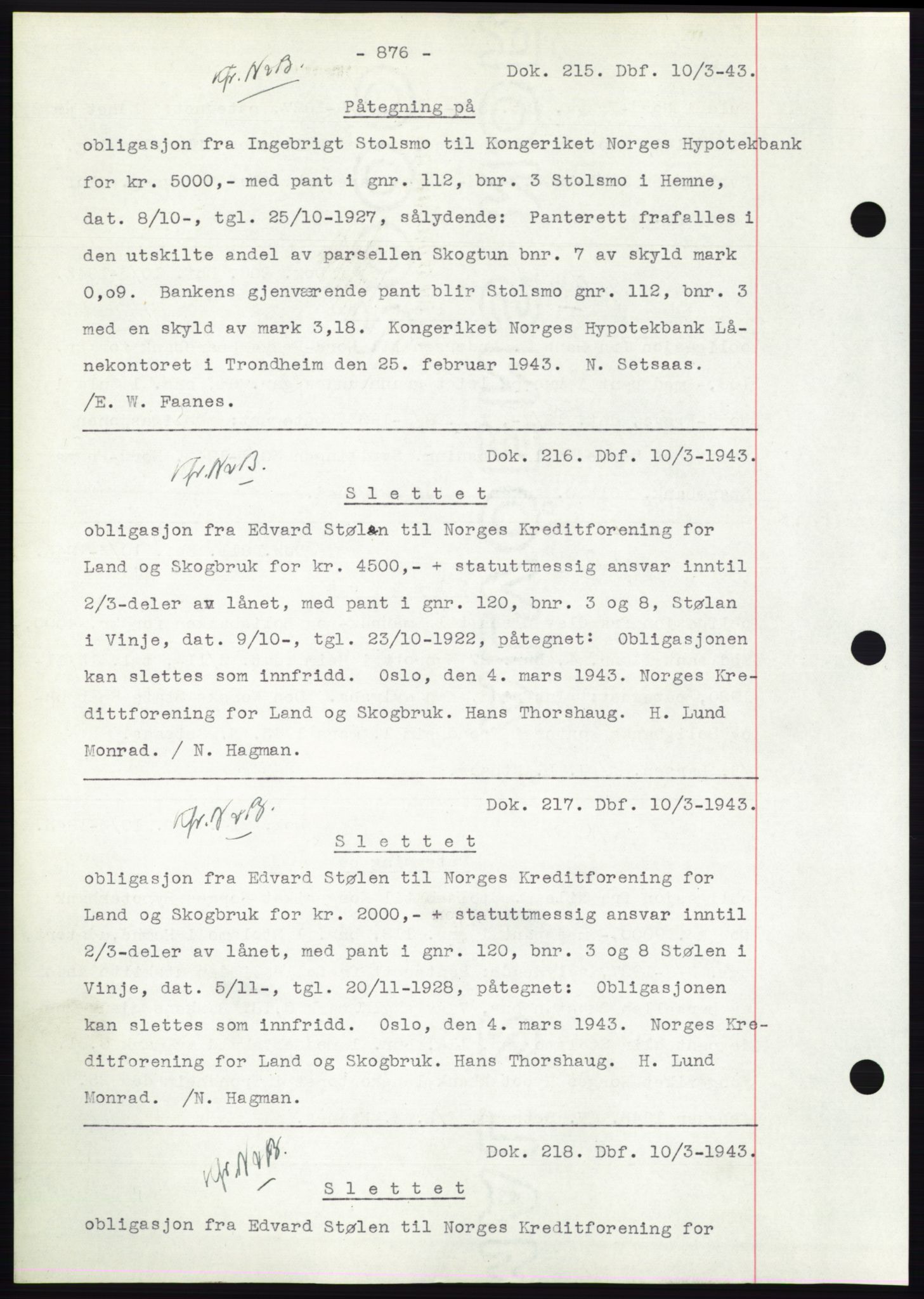 Hitra sorenskriveri, AV/SAT-A-0018/2/2C/2Ca: Mortgage book no. C1, 1936-1945, Diary no: : 215/1943