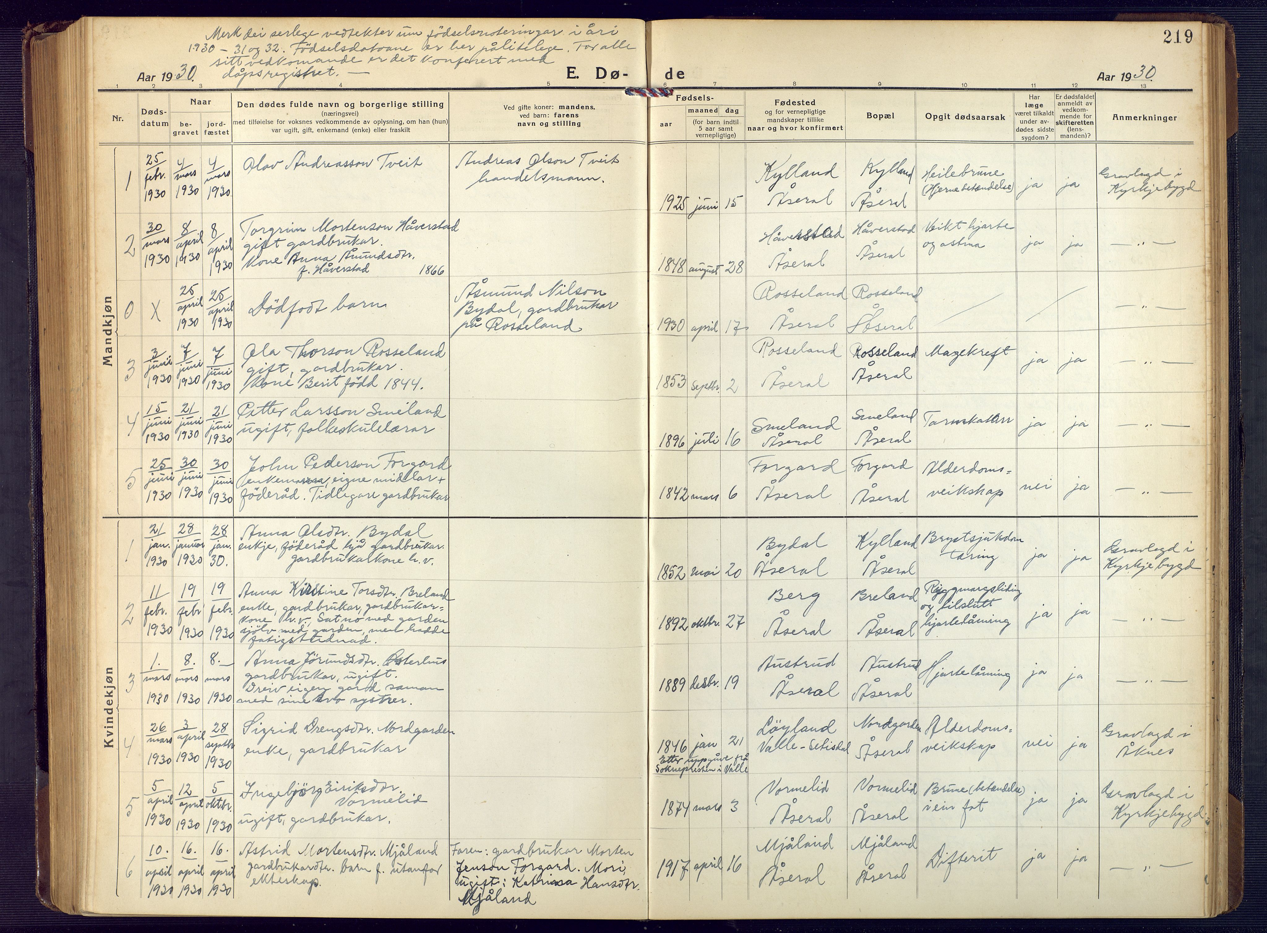Åseral sokneprestkontor, SAK/1111-0051/F/Fb/L0004: Parish register (copy) no. B 4, 1920-1946, p. 219