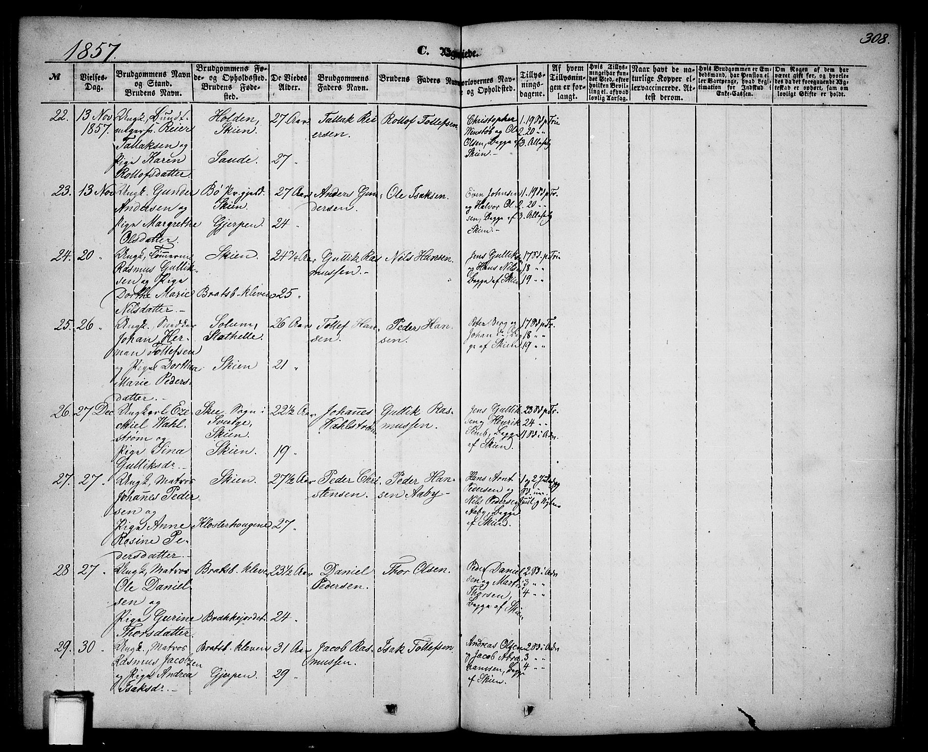Skien kirkebøker, SAKO/A-302/G/Ga/L0004: Parish register (copy) no. 4, 1843-1867, p. 308