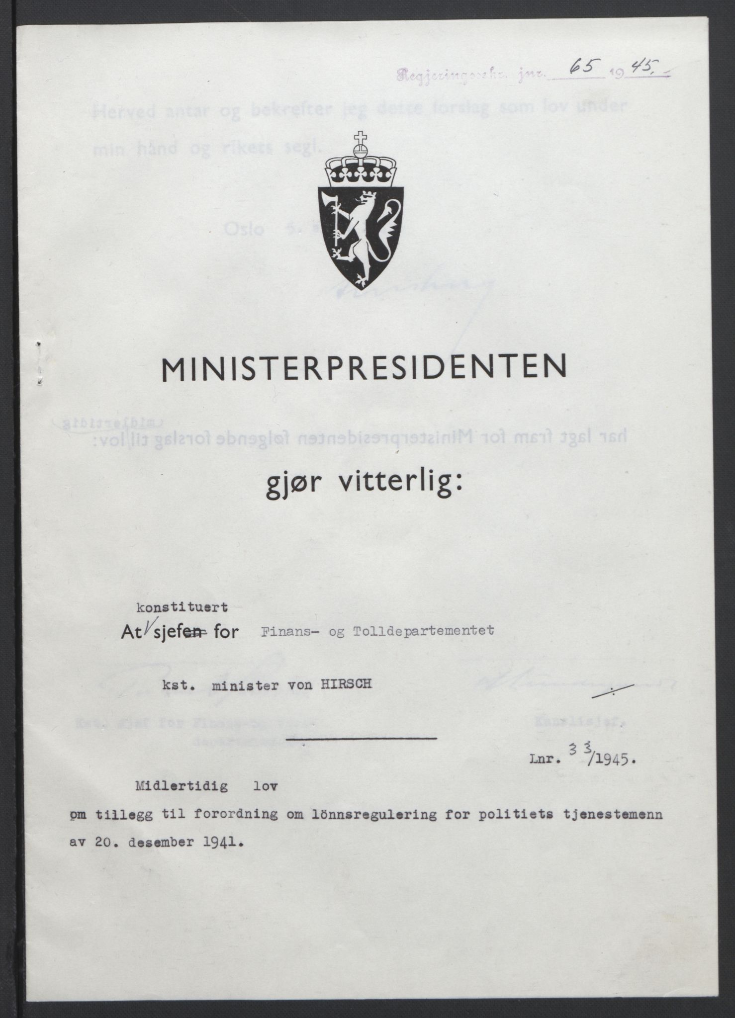 NS-administrasjonen 1940-1945 (Statsrådsekretariatet, de kommisariske statsråder mm), AV/RA-S-4279/D/Db/L0101/0001: -- / Lover og vedtak, 1945, p. 137