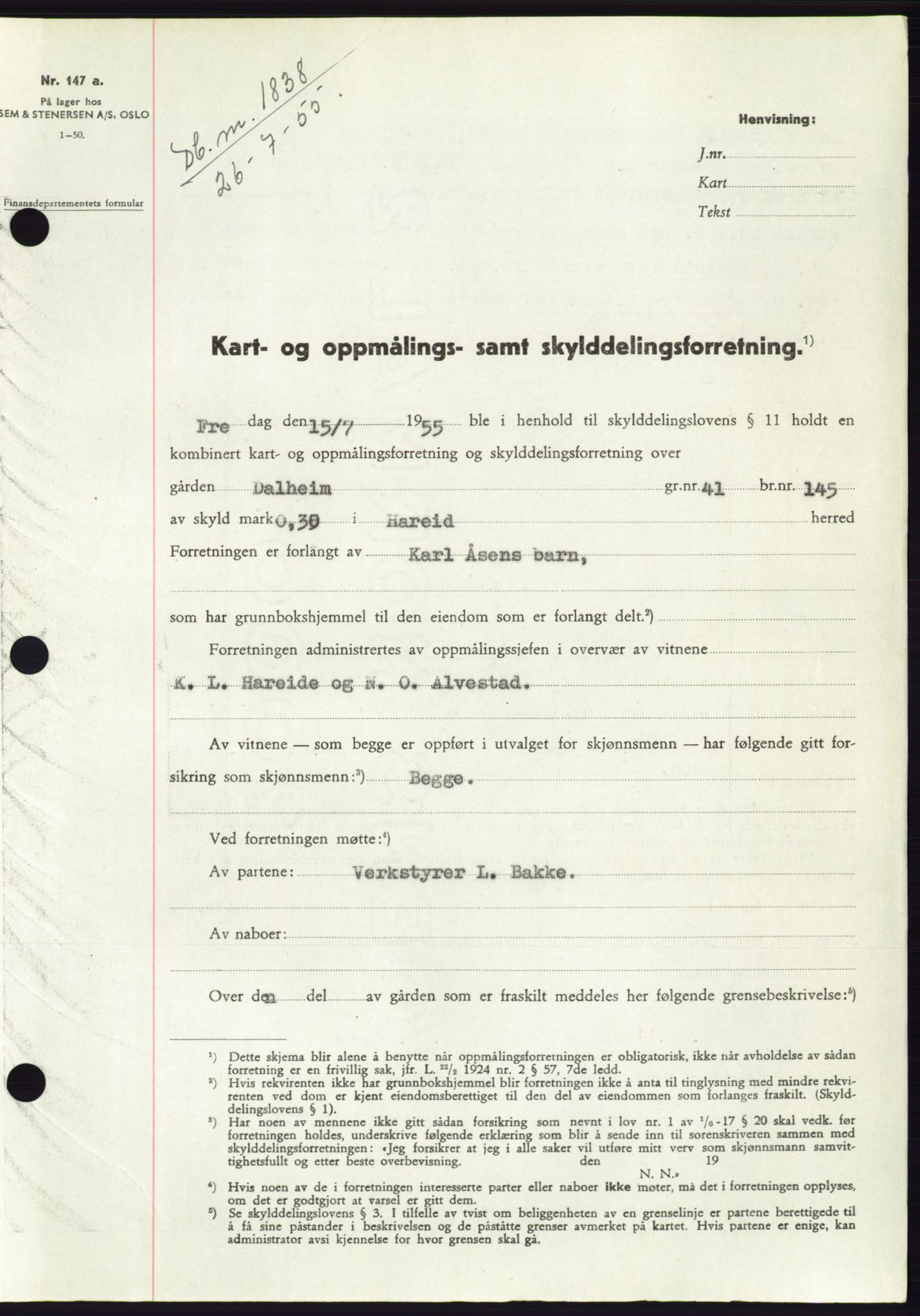 Søre Sunnmøre sorenskriveri, AV/SAT-A-4122/1/2/2C/L0101: Mortgage book no. 27A, 1955-1955, Diary no: : 1838/1955