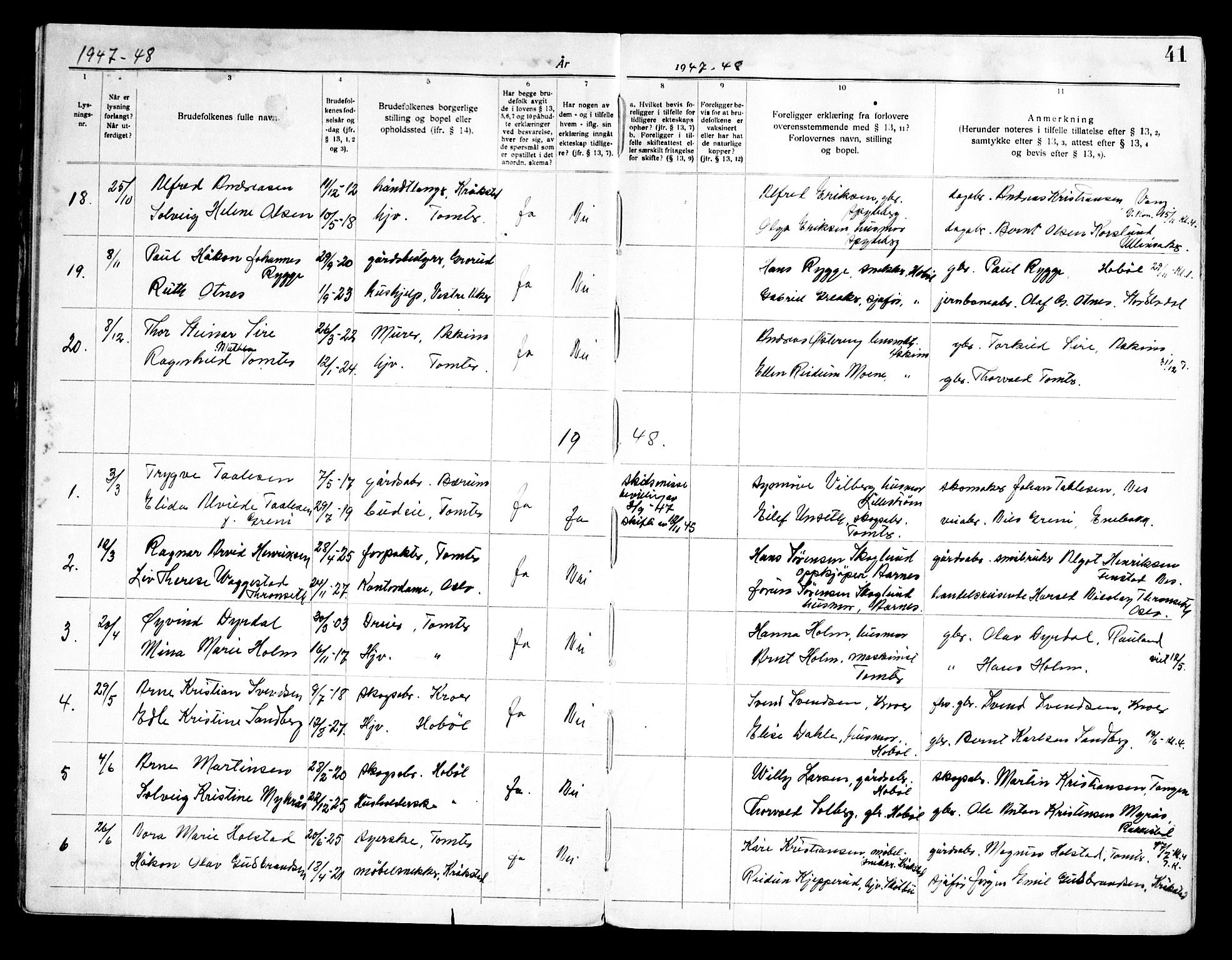Hobøl prestekontor Kirkebøker, SAO/A-2002/H/Ha/L0001: Banns register no. I 1, 1919-1969, p. 41