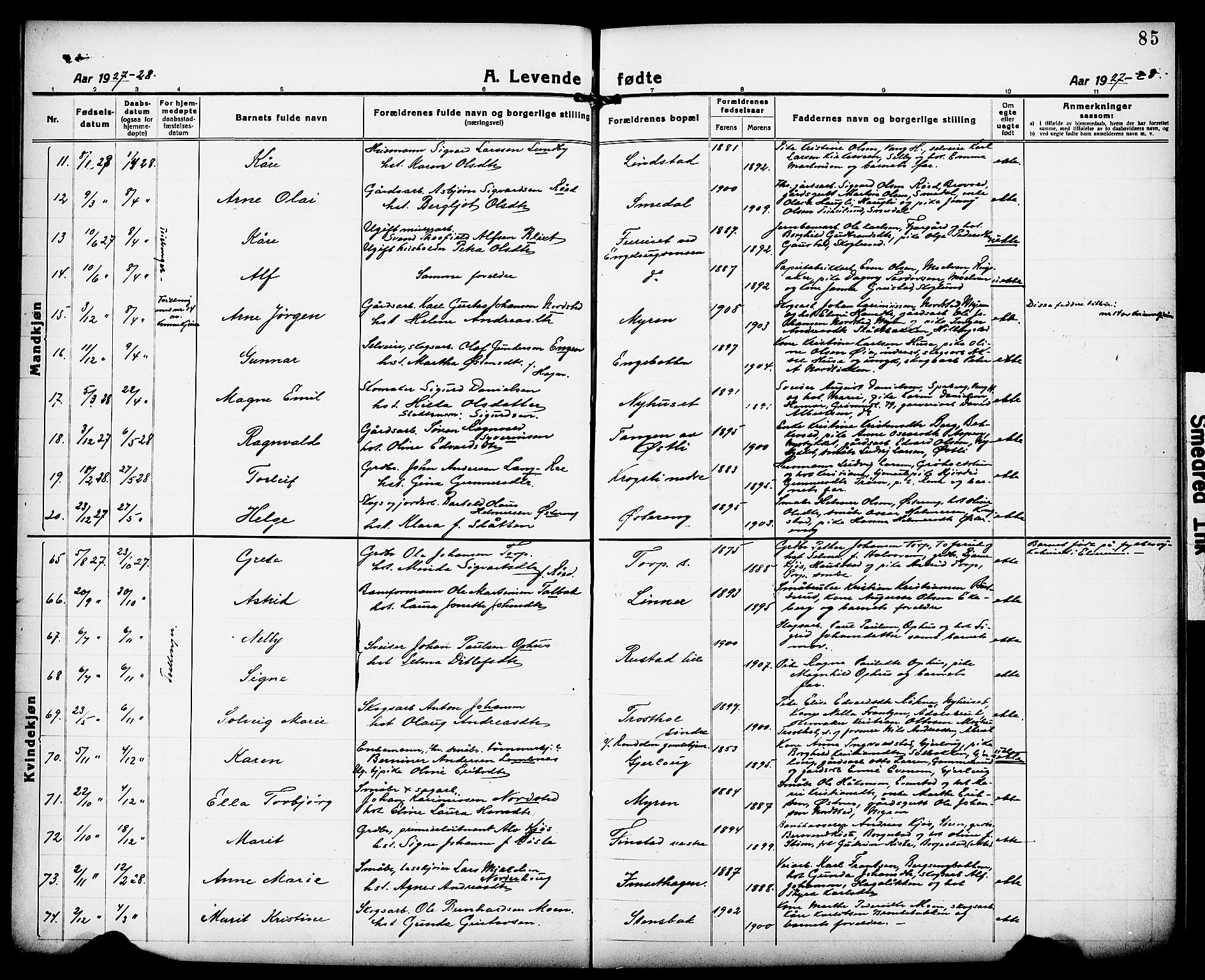 Løten prestekontor, AV/SAH-PREST-022/L/La/L0008: Parish register (copy) no. 8, 1920-1929, p. 85