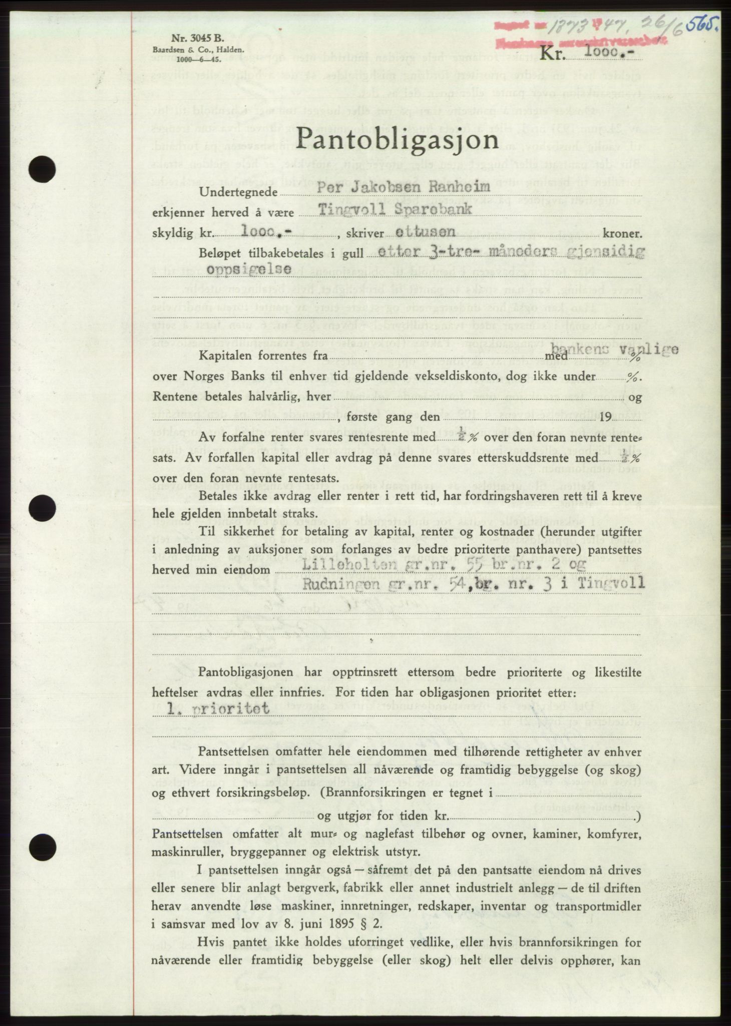 Nordmøre sorenskriveri, AV/SAT-A-4132/1/2/2Ca: Mortgage book no. B96, 1947-1947, Diary no: : 1373/1947