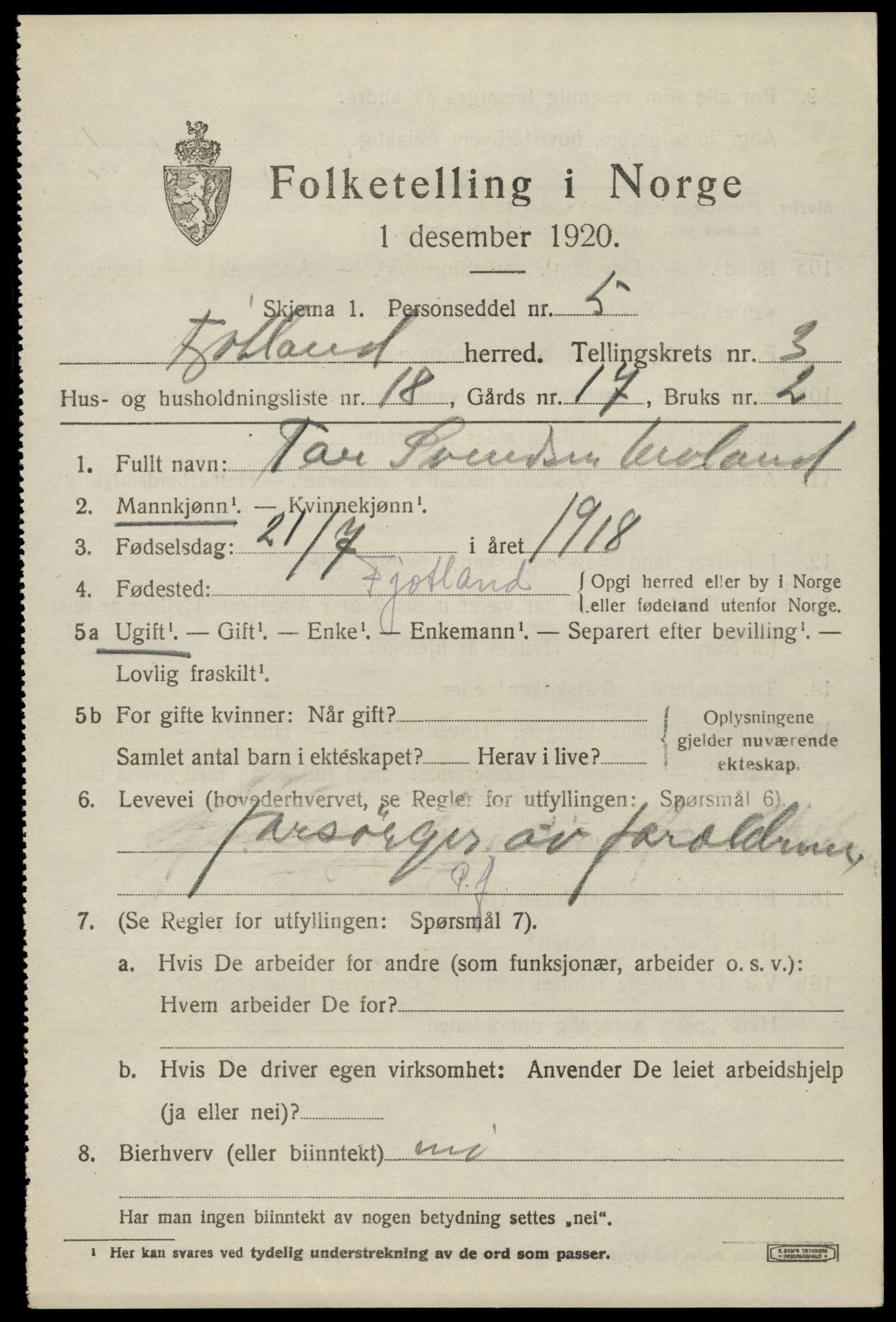 SAK, 1920 census for Fjotland, 1920, p. 1178