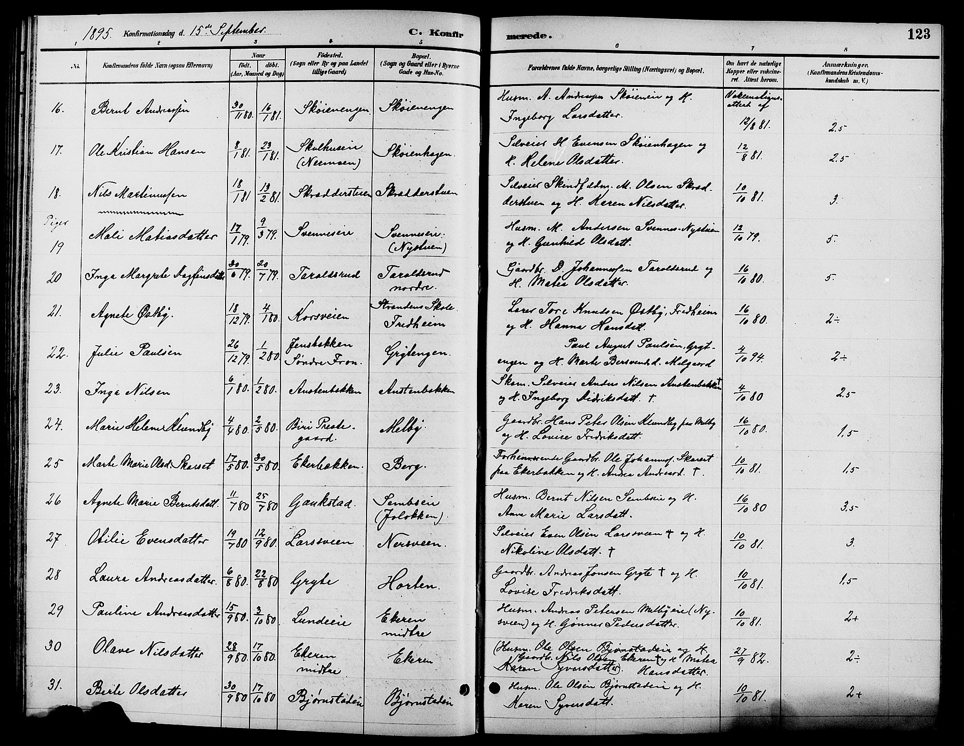 Biri prestekontor, SAH/PREST-096/H/Ha/Hab/L0004: Parish register (copy) no. 4, 1892-1909, p. 123