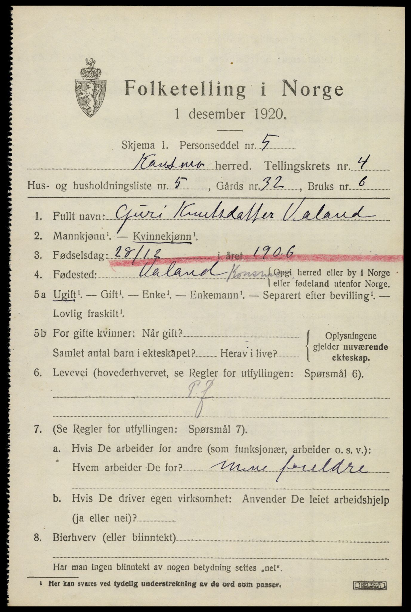 SAK, 1920 census for Konsmo, 1920, p. 1242
