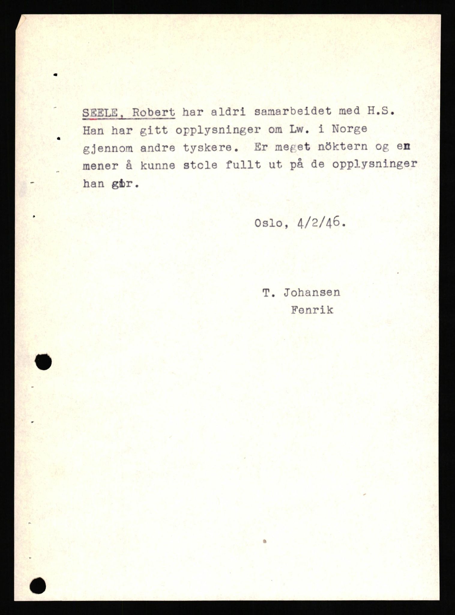 Forsvaret, Forsvarets overkommando II, RA/RAFA-3915/D/Db/L0031: CI Questionaires. Tyske okkupasjonsstyrker i Norge. Tyskere., 1945-1946, p. 401