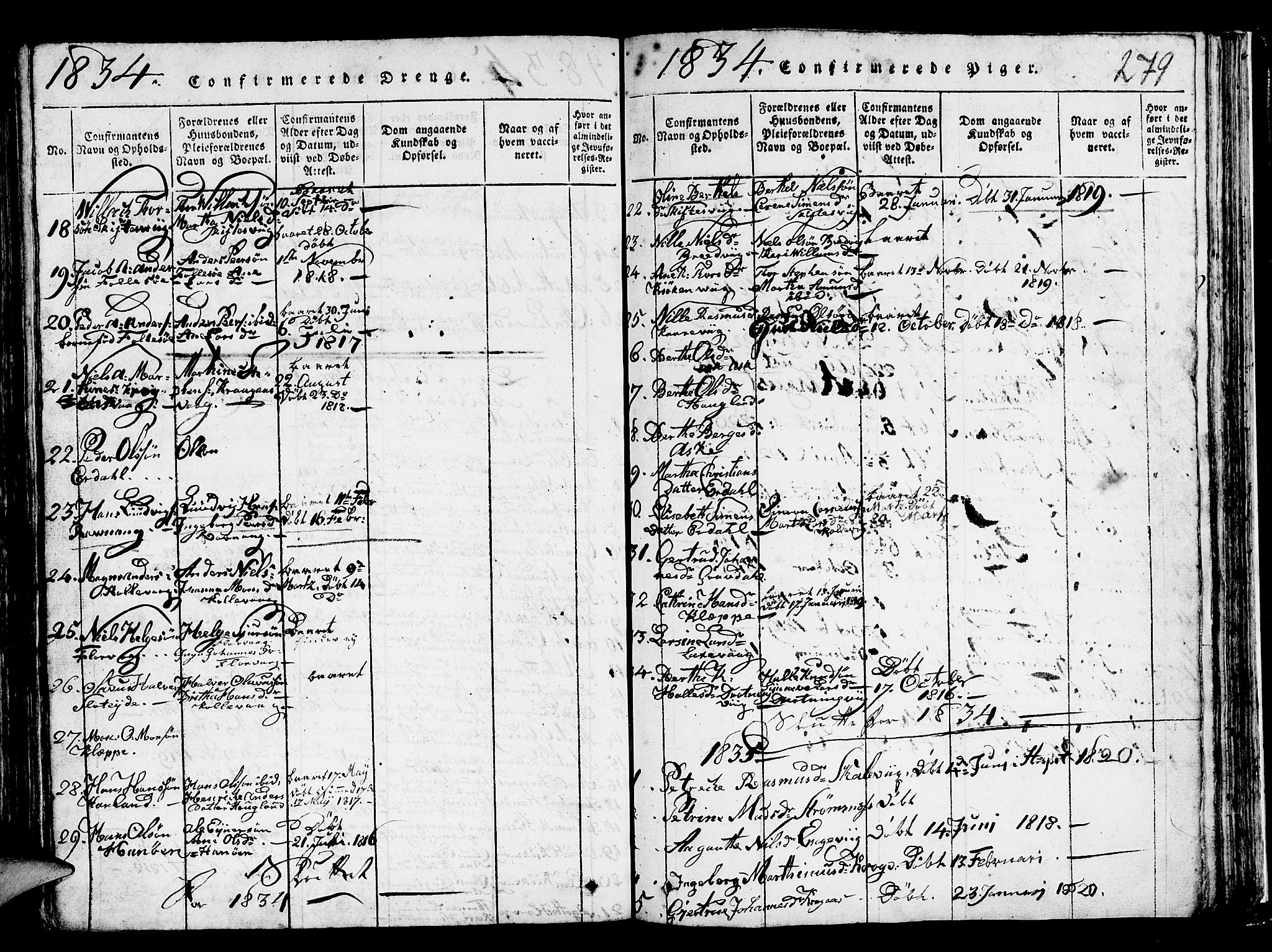 Askøy Sokneprestembete, SAB/A-74101/H/Ha/Hab/Haba/L0002: Parish register (copy) no. A 2, 1815-1846, p. 279