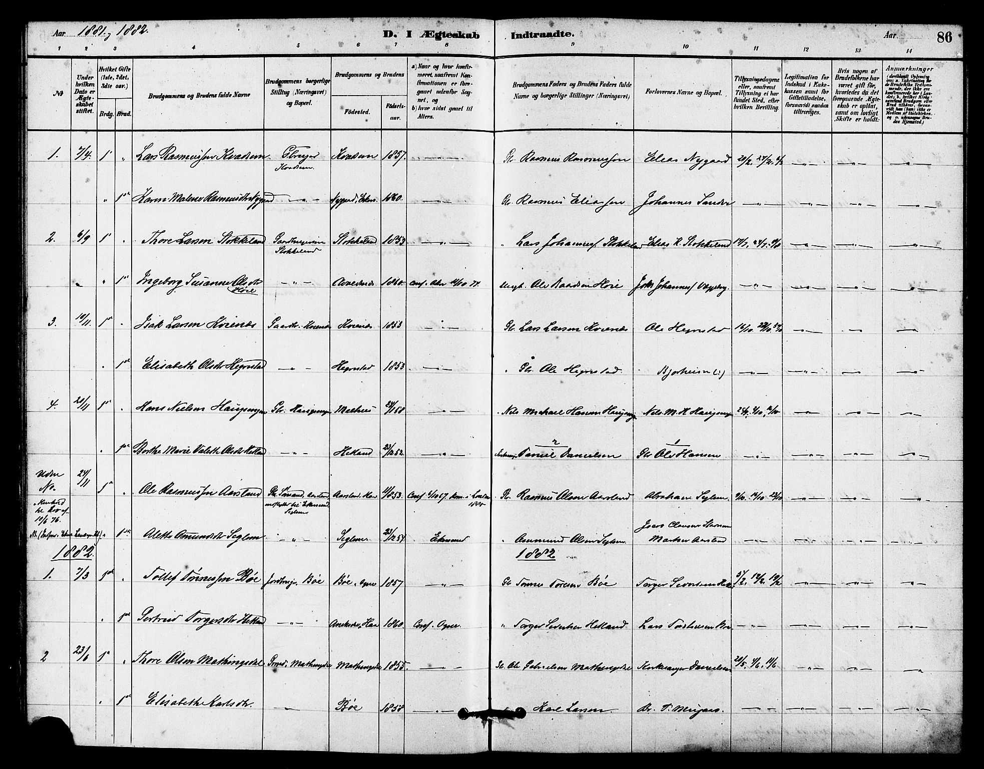 Eigersund sokneprestkontor, AV/SAST-A-101807/S08/L0016: Parish register (official) no. A 16, 1879-1893, p. 86