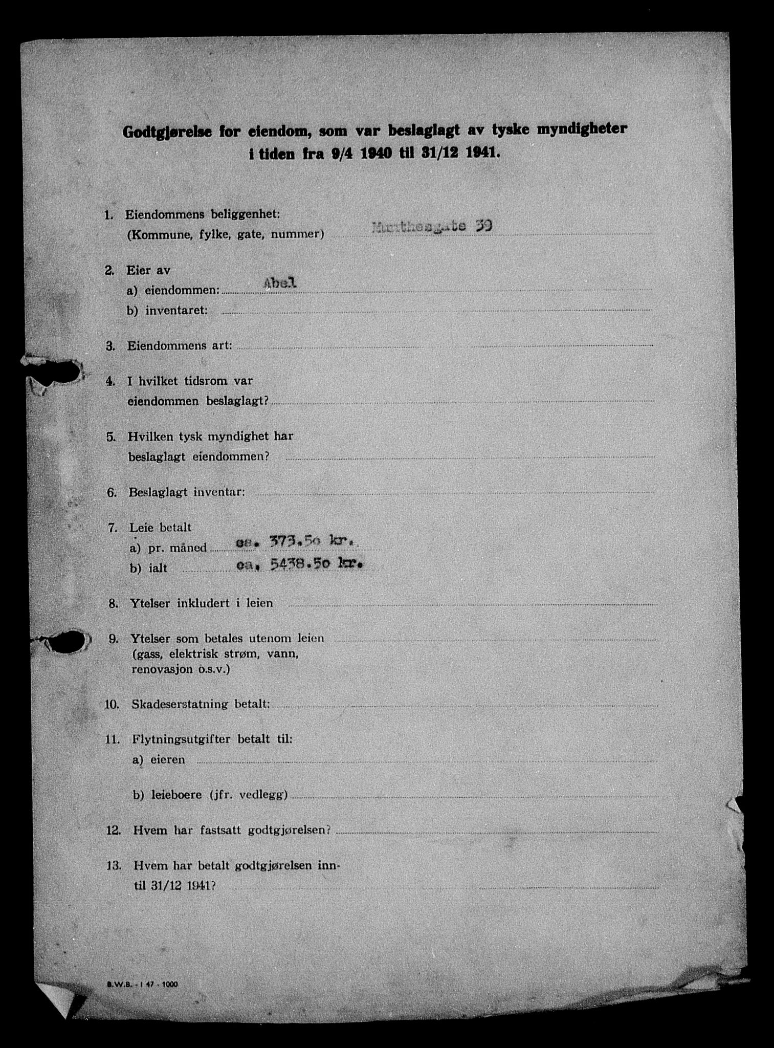 Justisdepartementet, Tilbakeføringskontoret for inndratte formuer, AV/RA-S-1564/I/L1010: Godtgjørelse for beslaglagt eiendom, 1940-1941, p. 305
