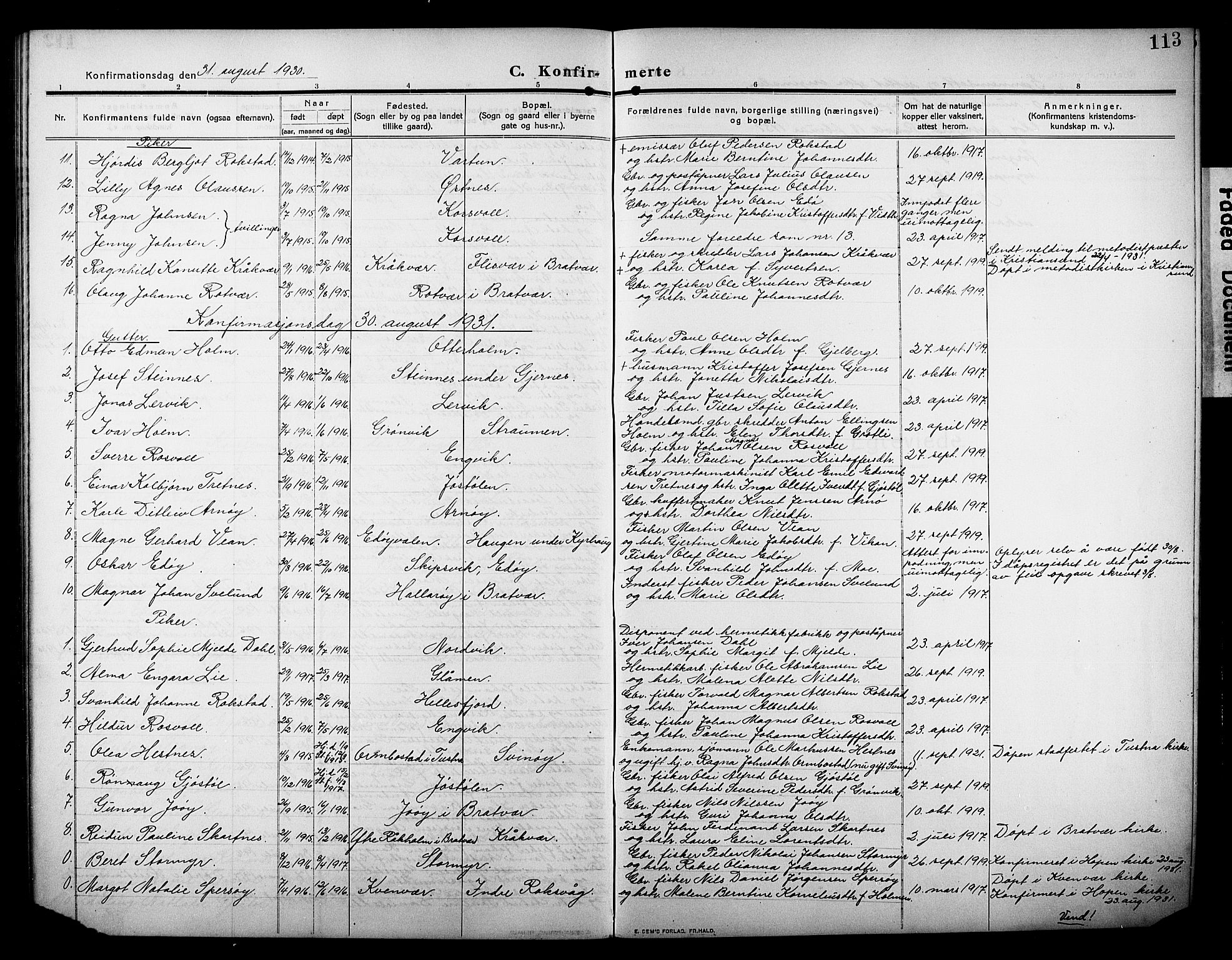 Ministerialprotokoller, klokkerbøker og fødselsregistre - Møre og Romsdal, AV/SAT-A-1454/581/L0943: Parish register (copy) no. 581C01, 1909-1931, p. 113
