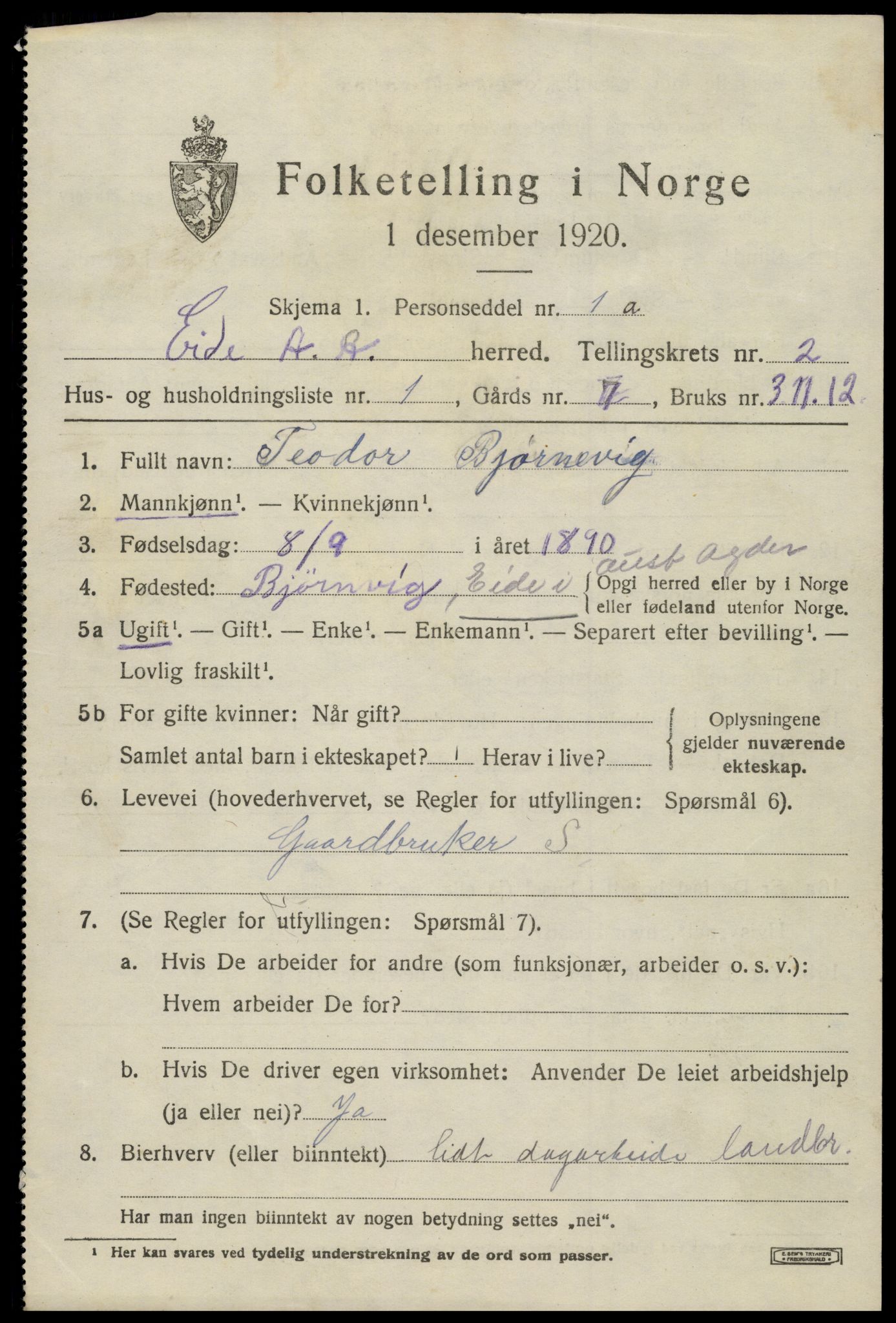 SAK, 1920 census for Eide, 1920, p. 664