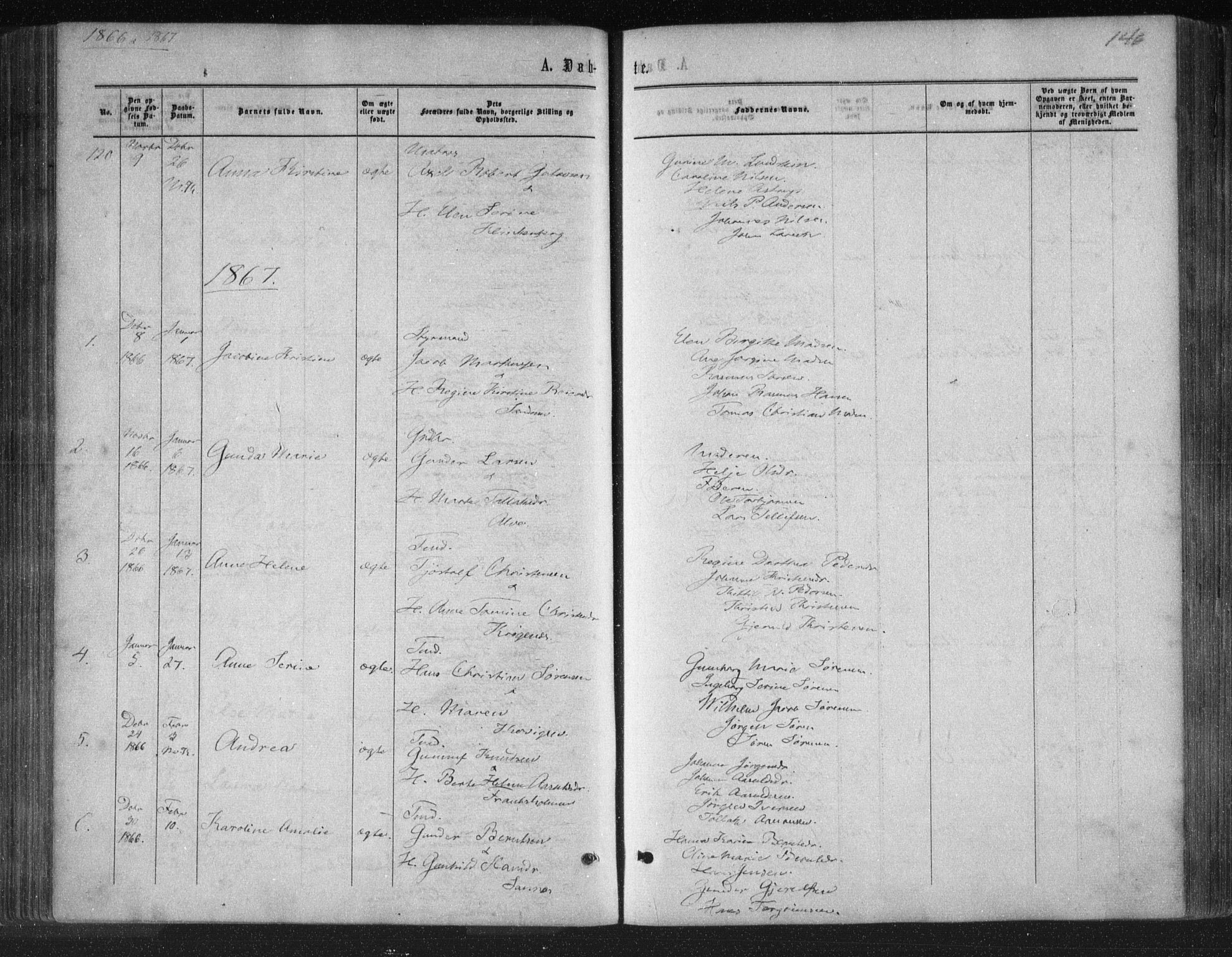 Tromøy sokneprestkontor, SAK/1111-0041/F/Fa/L0007: Parish register (official) no. A 7, 1864-1869, p. 146