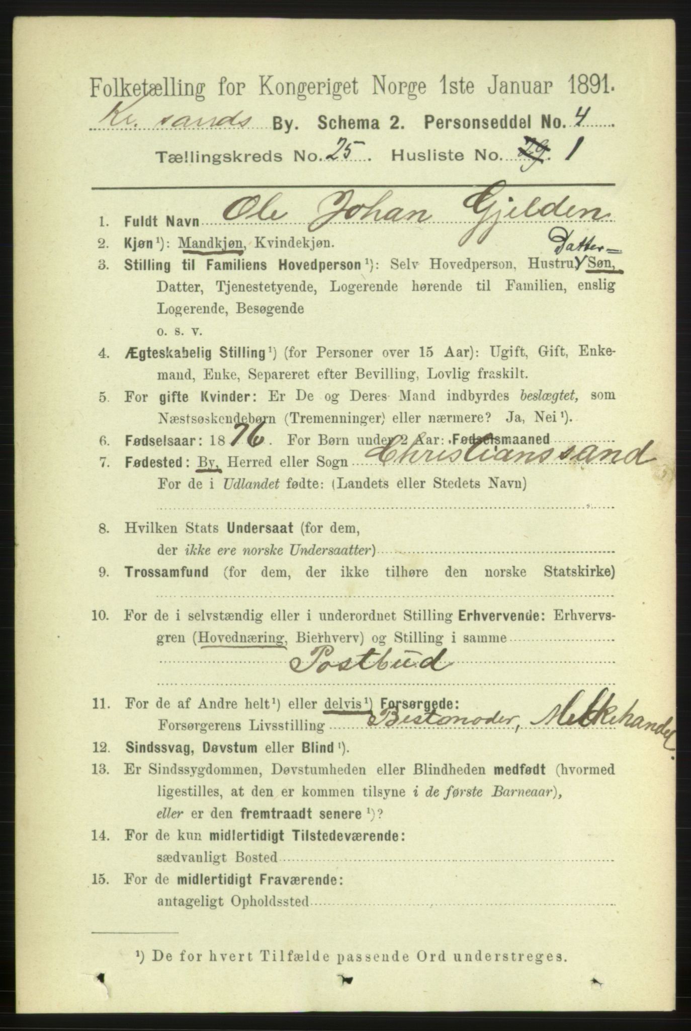 RA, 1891 census for 1001 Kristiansand, 1891, p. 8698