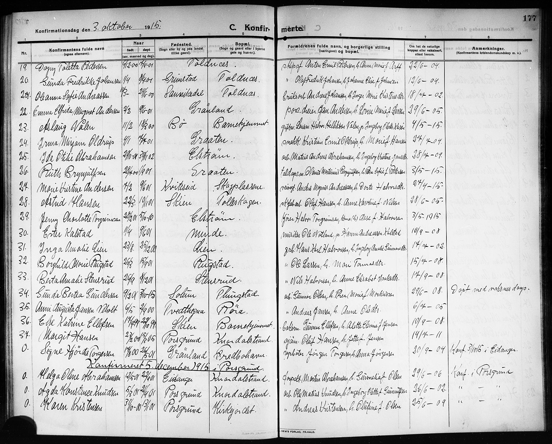 Solum kirkebøker, SAKO/A-306/G/Ga/L0009: Parish register (copy) no. I 9, 1909-1922, p. 177