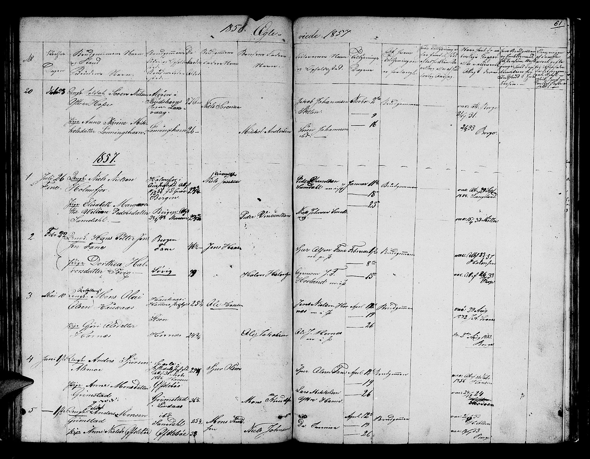 Fana Sokneprestembete, SAB/A-75101/H/Hab/Habb/L0002: Parish register (copy) no. B 2, 1851-1860, p. 61
