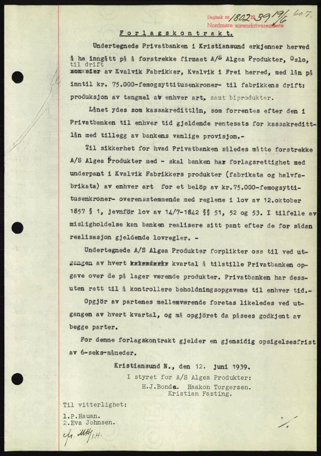 Nordmøre sorenskriveri, AV/SAT-A-4132/1/2/2Ca: Mortgage book no. B85, 1939-1939, Diary no: : 1802/1939