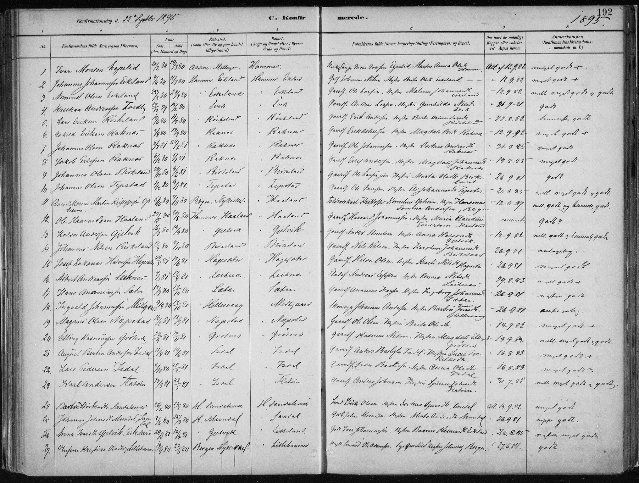 Hamre sokneprestembete, AV/SAB-A-75501/H/Ha/Haa/Haab/L0001: Parish register (official) no. B  1, 1882-1905, p. 192