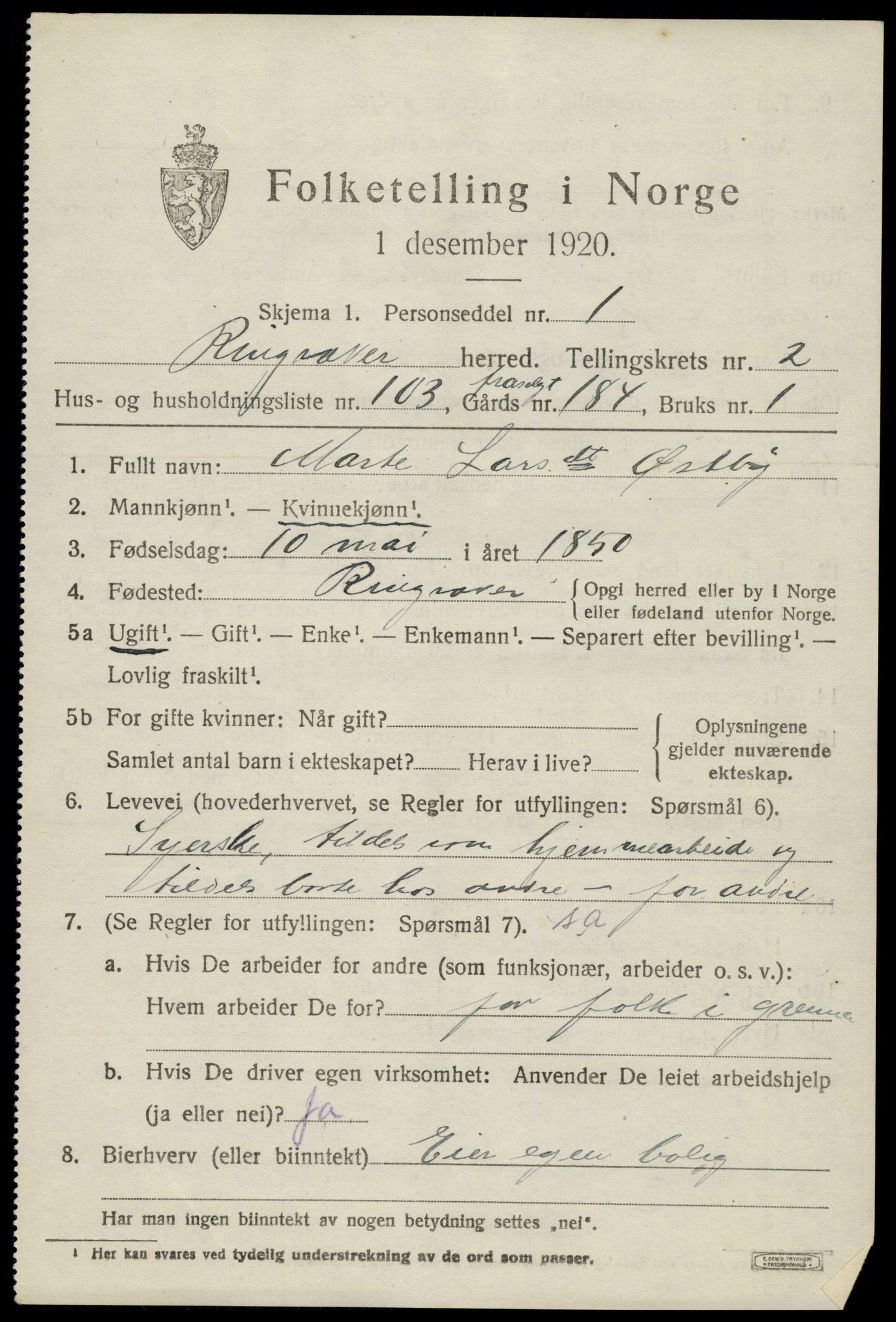 SAH, 1920 census for Ringsaker, 1920, p. 7550