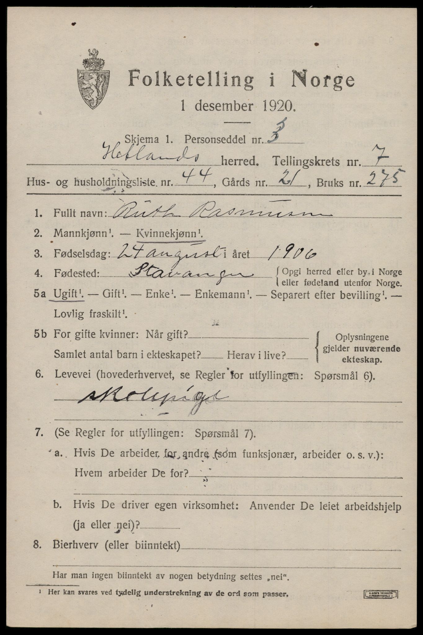 SAST, 1920 census for Hetland, 1920, p. 14459
