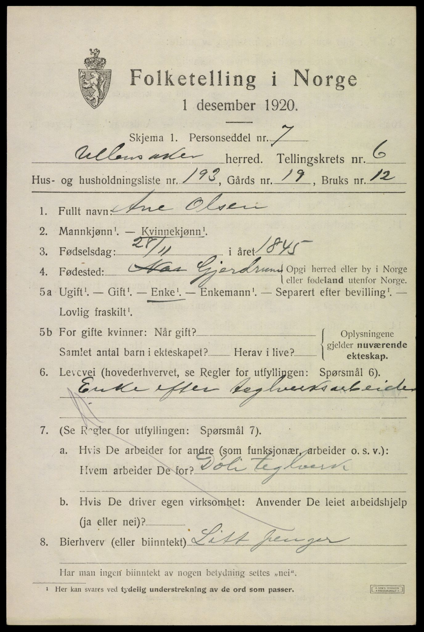 SAO, 1920 census for Ullensaker, 1920, p. 12871