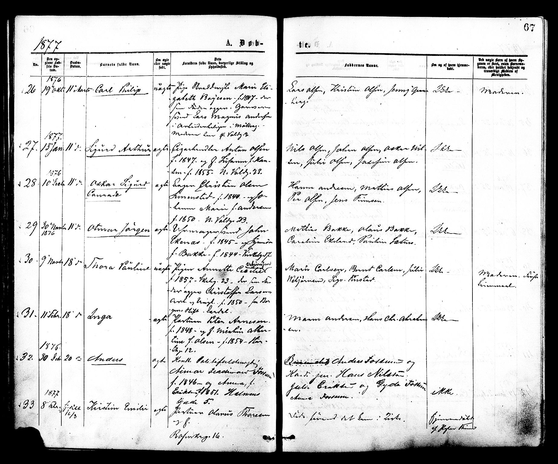 Johannes prestekontor Kirkebøker, SAO/A-10852/F/Fa/L0001: Parish register (official) no. 1, 1875-1881, p. 67