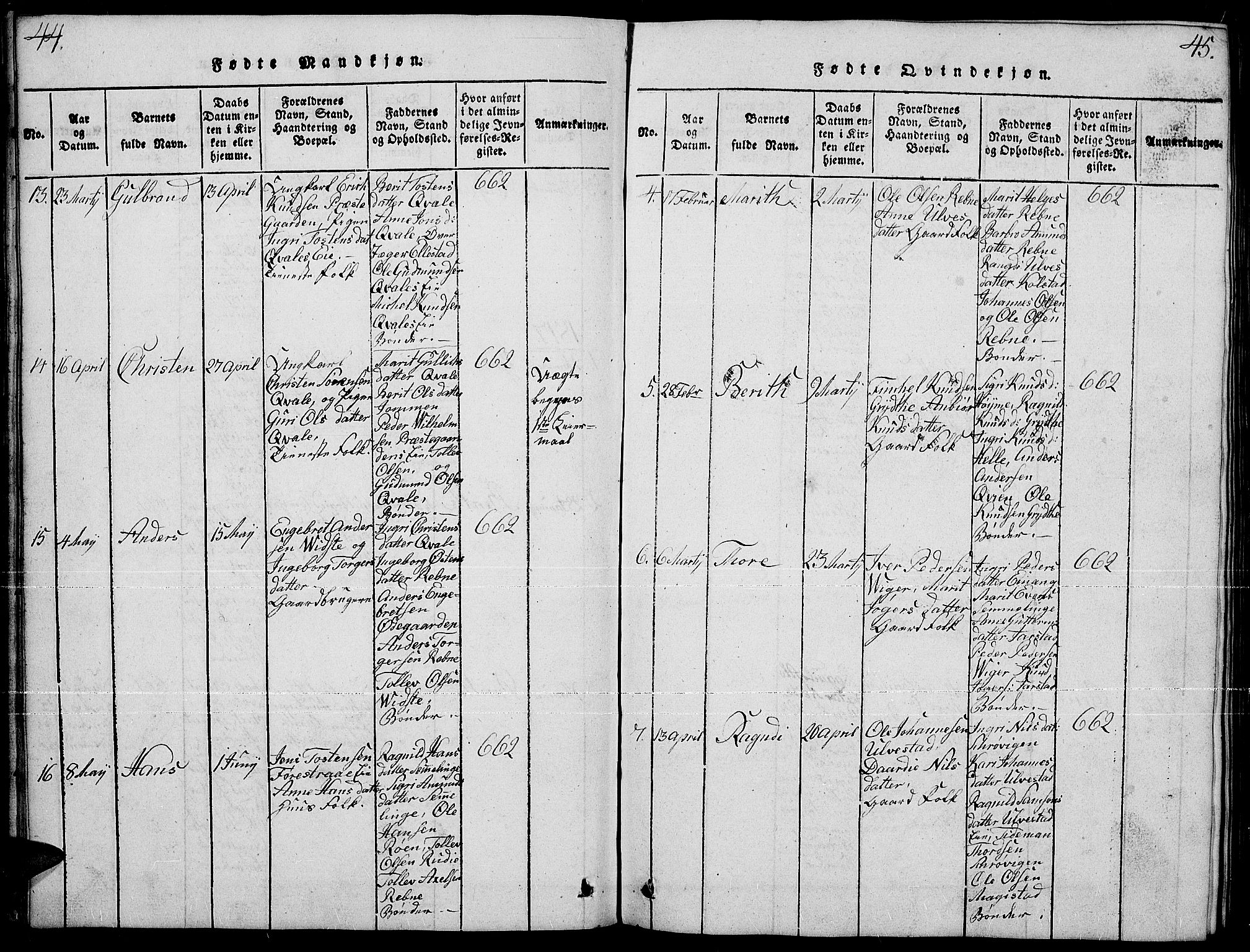 Slidre prestekontor, SAH/PREST-134/H/Ha/Hab/L0001: Parish register (copy) no. 1, 1814-1838, p. 44-45
