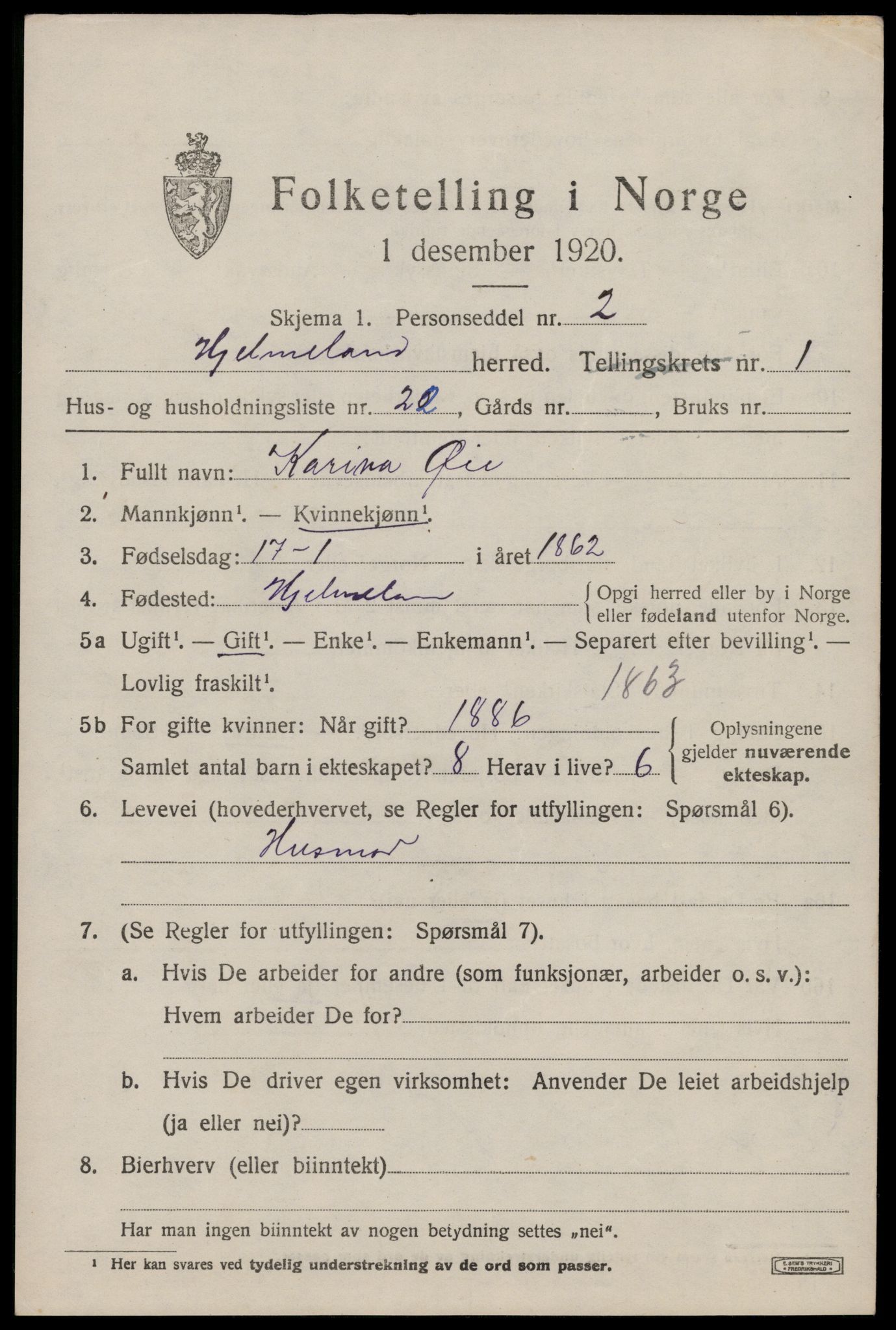 SAST, 1920 census for Hjelmeland, 1920, p. 1063