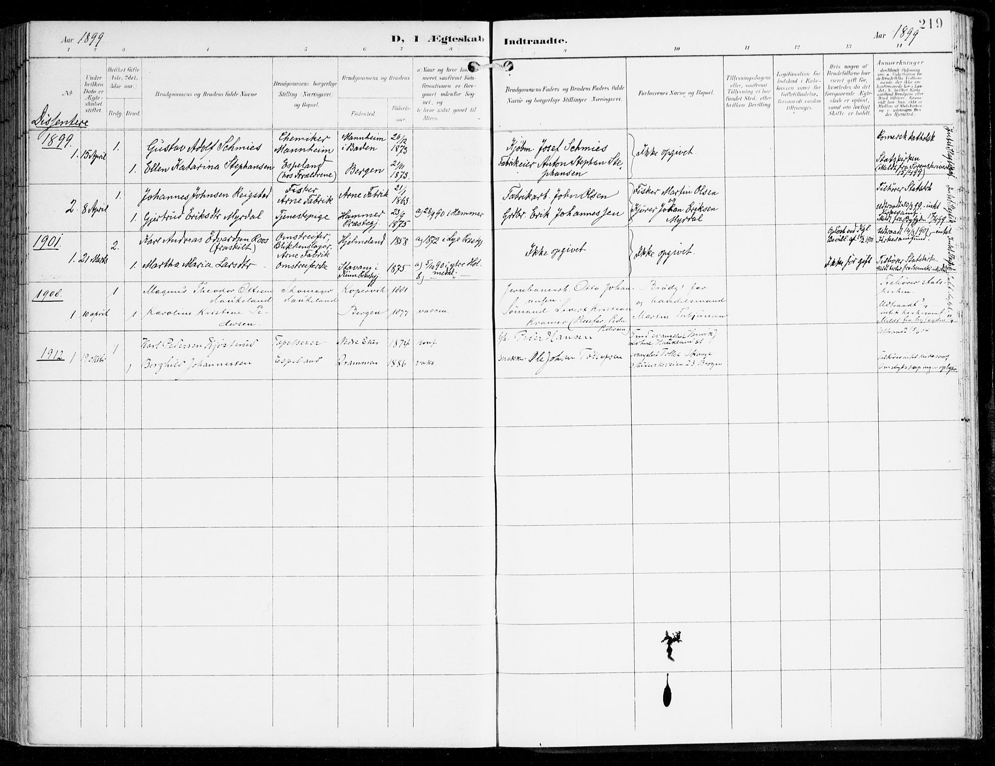 Haus sokneprestembete, SAB/A-75601/H/Haa: Parish register (official) no. D 2, 1899-1912, p. 219