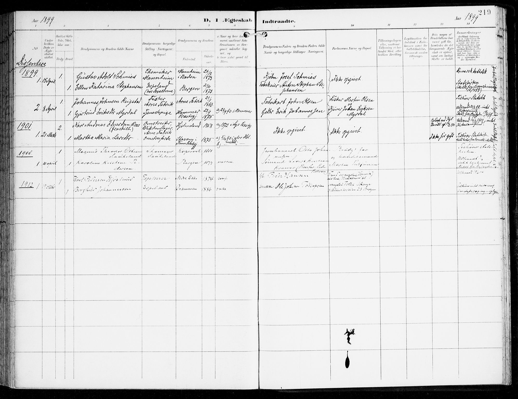 Haus sokneprestembete, AV/SAB-A-75601/H/Haa: Parish register (official) no. D 2, 1899-1912, p. 219