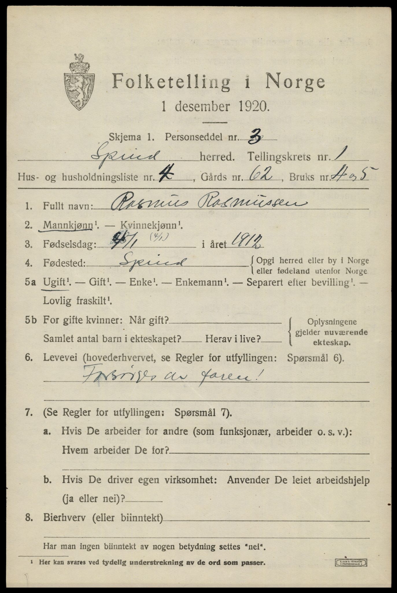 SAK, 1920 census for Spind, 1920, p. 597