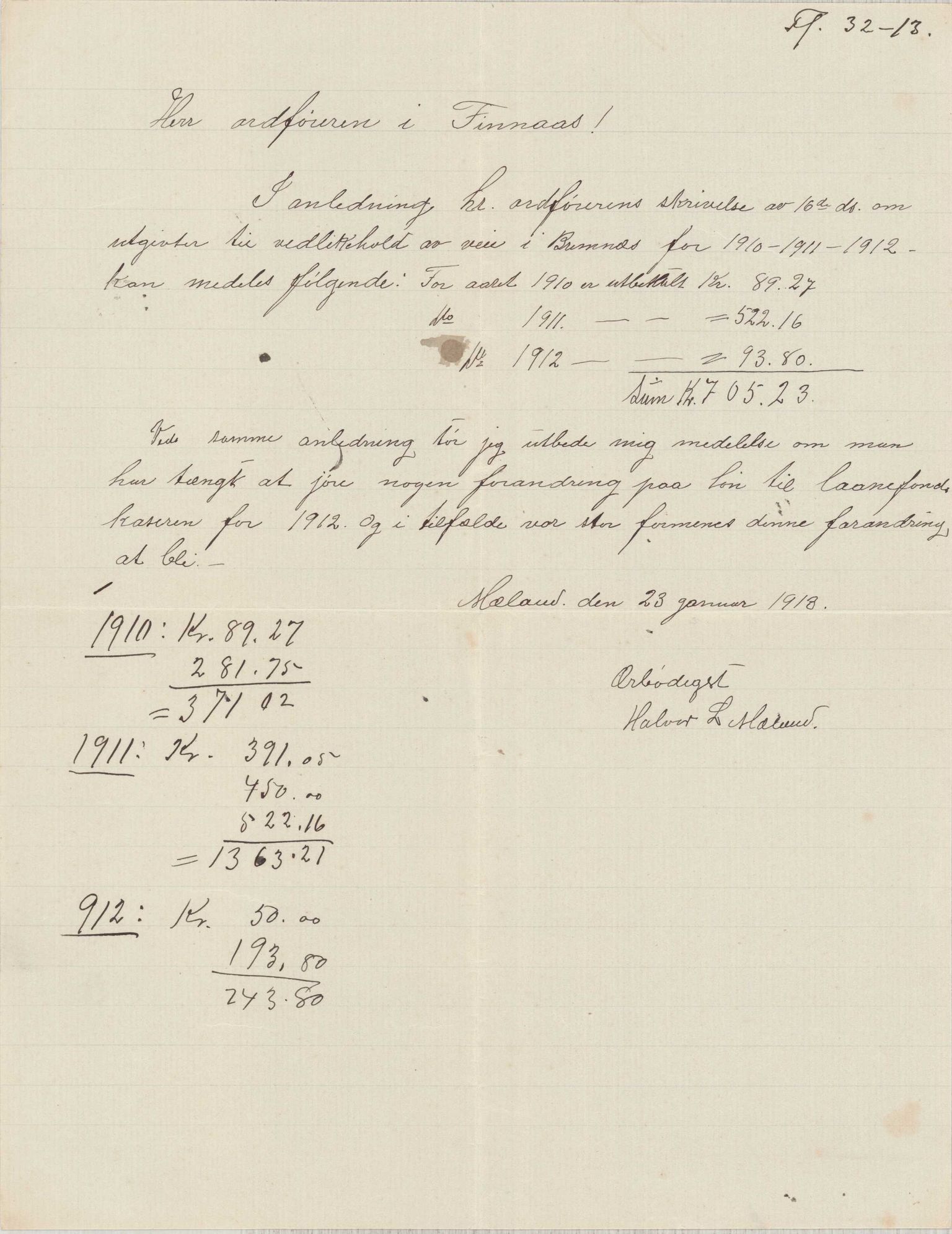 Finnaas kommune. Formannskapet, IKAH/1218a-021/D/Da/L0001/0012: Korrespondanse / saker / Kronologisk ordna korrespondanse , 1913, p. 28